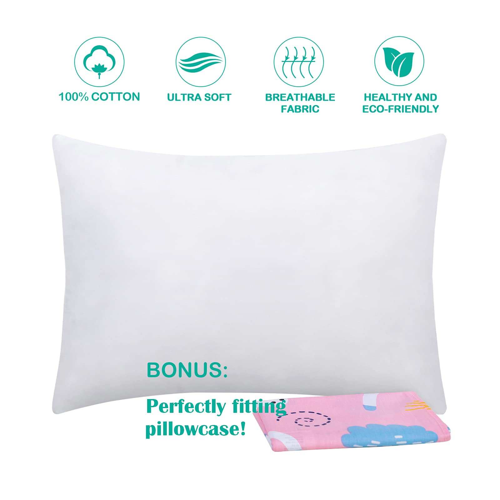 Cottonblue 2 Pack Toddler Pillows 14x19 Inches with 100% Organic Cotton Pillowcases - Soft Kids Pillow Set for Preschoolers & Daycare - Machine Washable Unicorn Design for Boys & Girls - Perfect for Nap Time, Travel & Nursery Decor