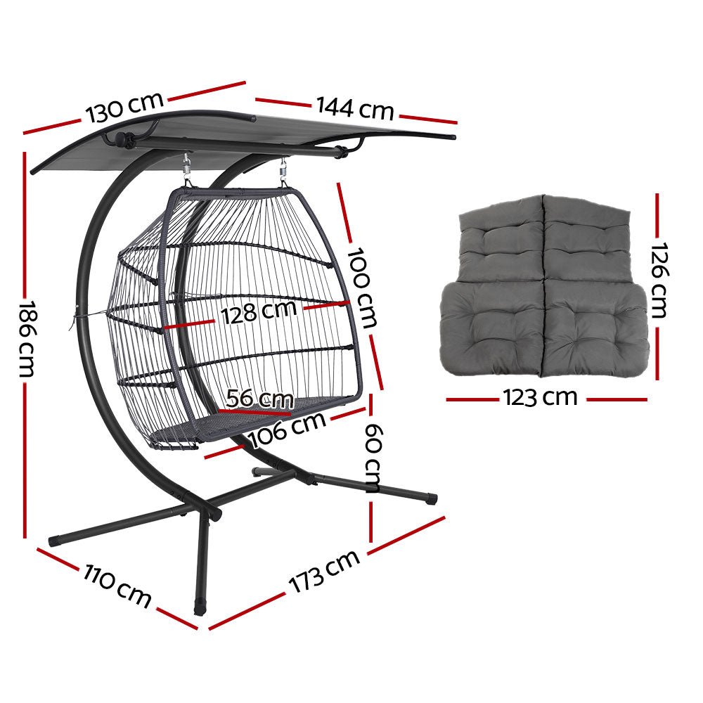 Grey Double Wicker Hanging Swing Chair with Stand - Outdoor Patio, Garden, Balcony Relaxation Chair for Backyard & Porch