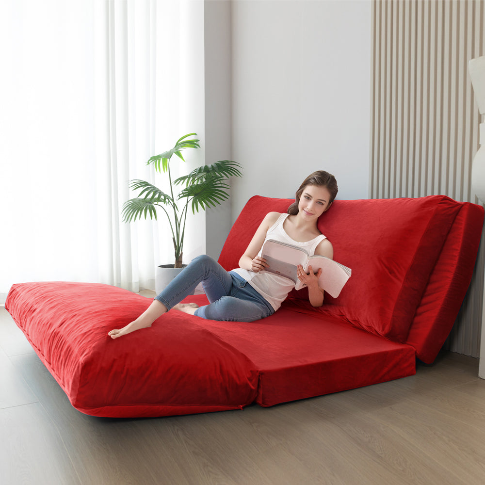 MAXYOYO Velvet Bean Bag Folding Sofa Bed - Washable Cover for Adults, Red | Comfortable Floor Seating for Living Room, Bedroom & Game Room