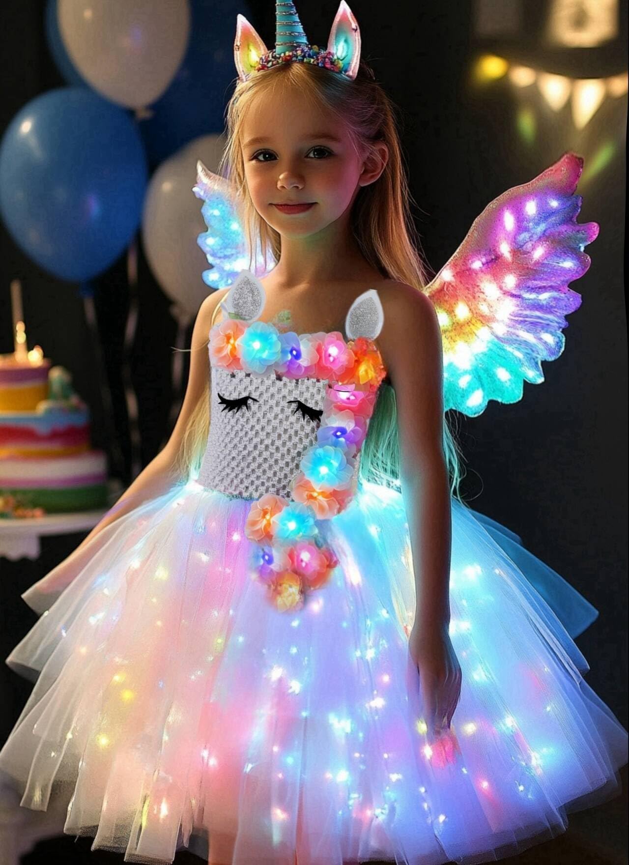 **LED Light Up Unicorn Tutu Dress for Girls - Sparkling Pink Costume with Flower Headband for Birthday Party, Halloween & Dress Up Play**