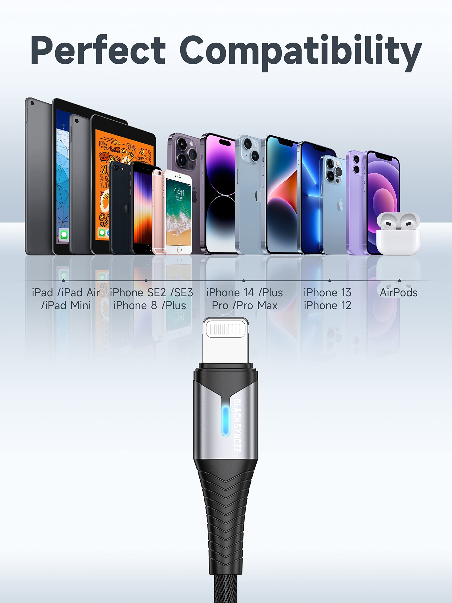 BLACKSYNCZE MFi Certified Lightning Cable [2-Pack 6.6FT] Nylon Braided Fast Charging Cable for iPhone 14/13/12/11 Pro Max/XS/XR/X/8/7/6s/5s - Durable & Tangle-Free - Perfect for Home, Office & Travel Use