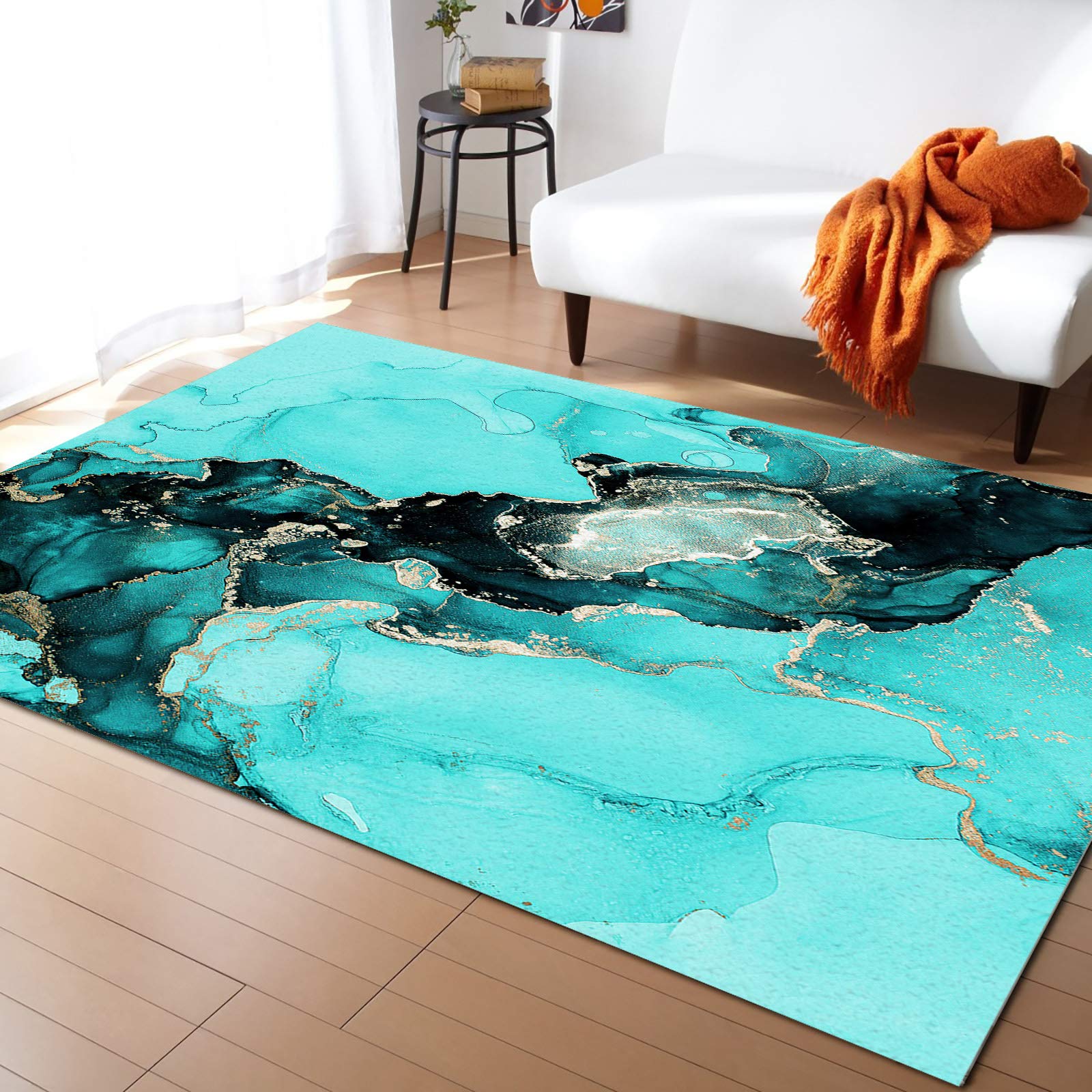 LBDecor 5x7ft Large Non-Slip Area Rugs - Aqua Wild Marble Abstract Texture Runner Rug for Living Room, Bedroom, Hallway, Nursery | Indoor/Outdoor Home Decor Carpet for Cozy Spaces