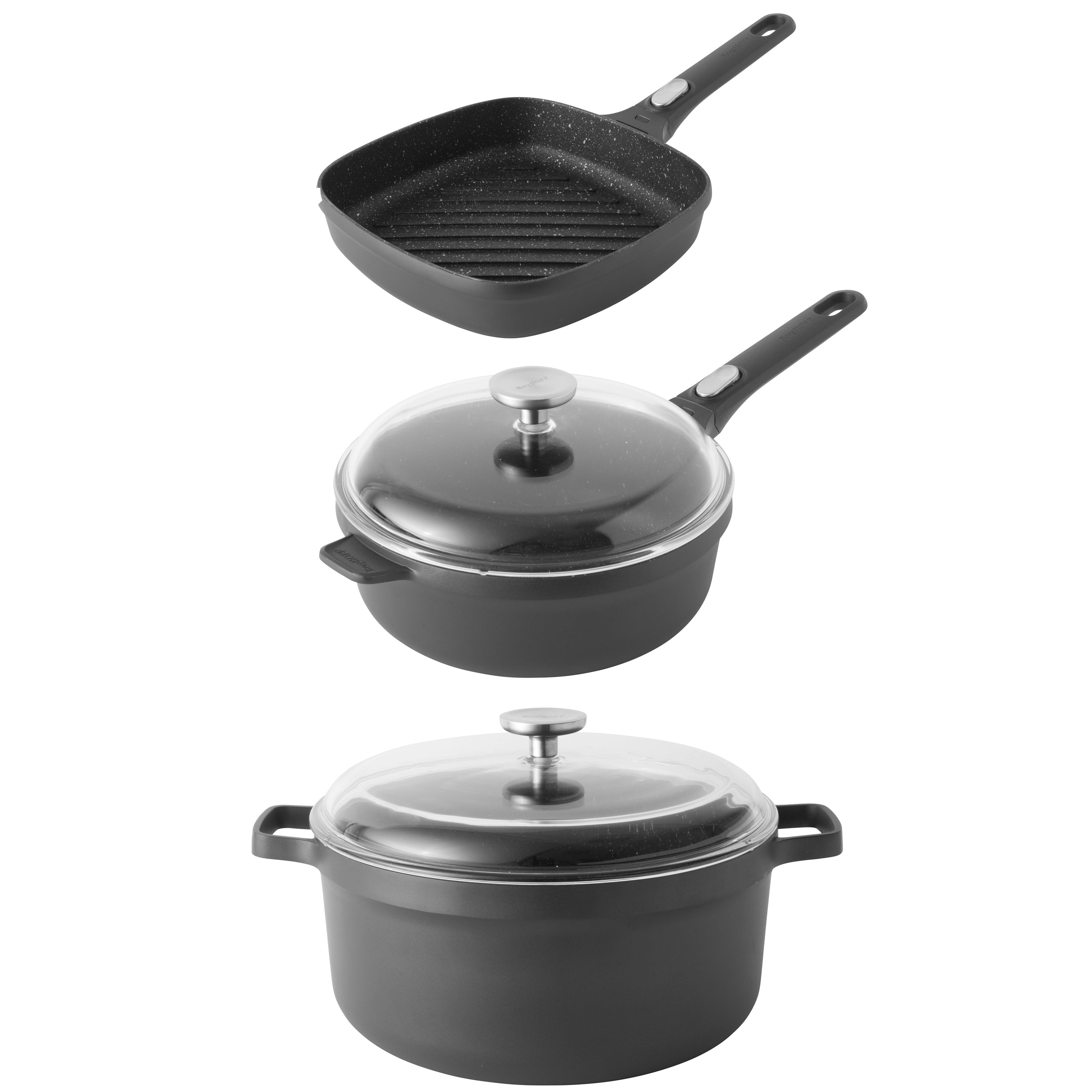 BergHOFF GEM 5-Piece Non-Stick Cast Aluminum Cookware Set - Grill Pan, Saute Pan & Stockpot for Home Kitchen, Camping & Outdoor Cooking