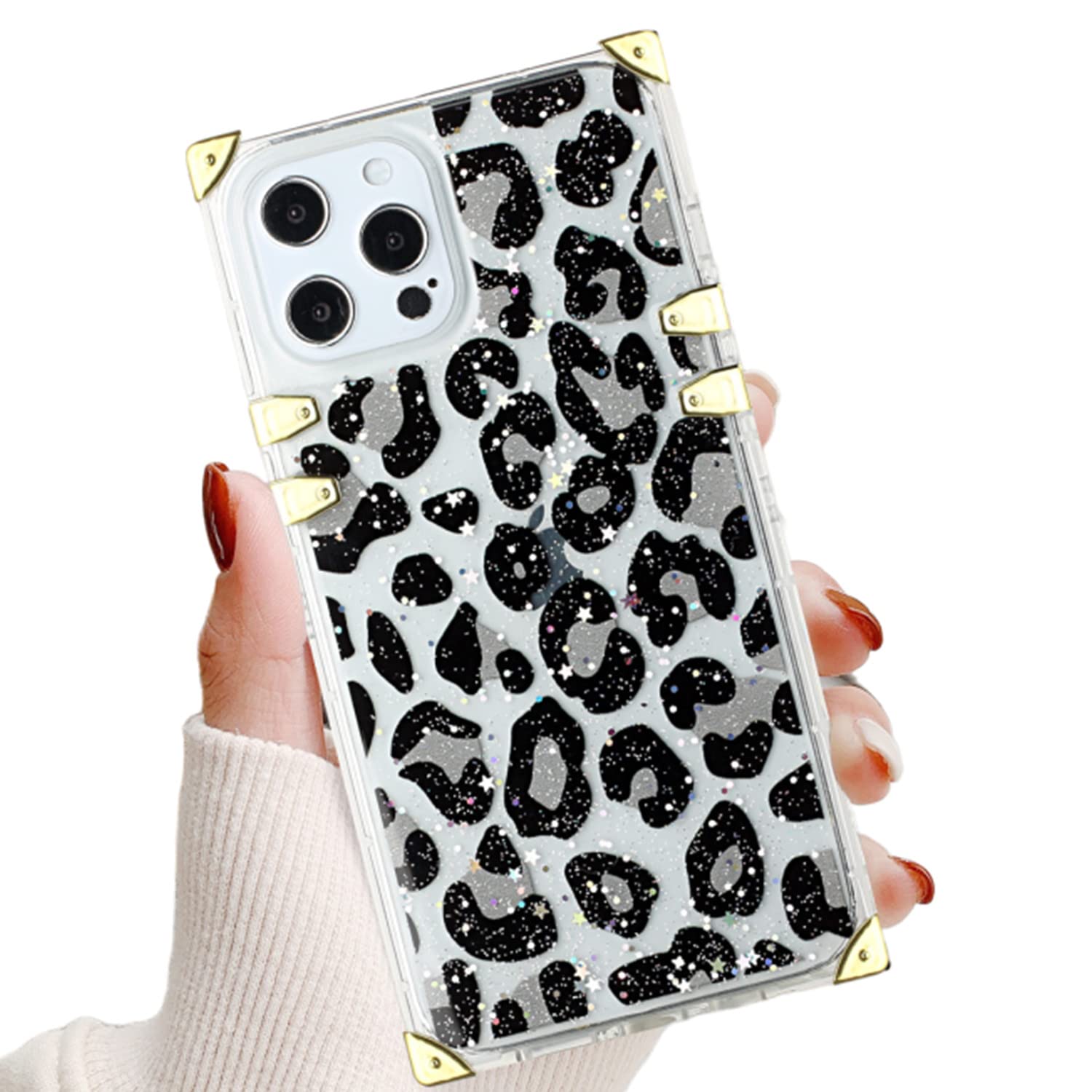 Cute Square Glitter Leopard Cheetah Clear iPhone 13 Pro Max Case for Women - Soft TPU Shockproof Cover with Metal Reinforced Corners | Perfect for Everyday Use, Office & Travel Protection
