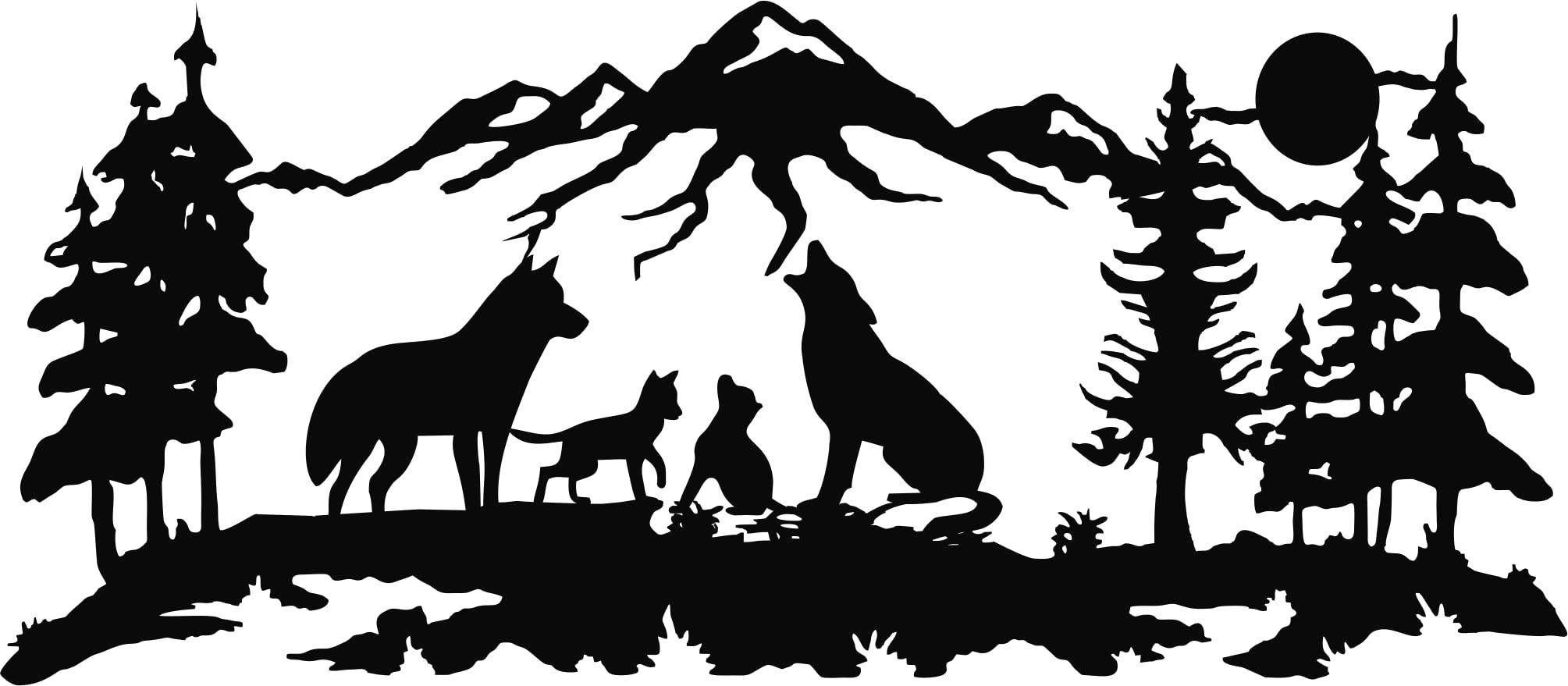 DEKADRON Metal Wall Art - Wolf Family with Mountain & Tree Design - Nature Inspired Home Decor - 24