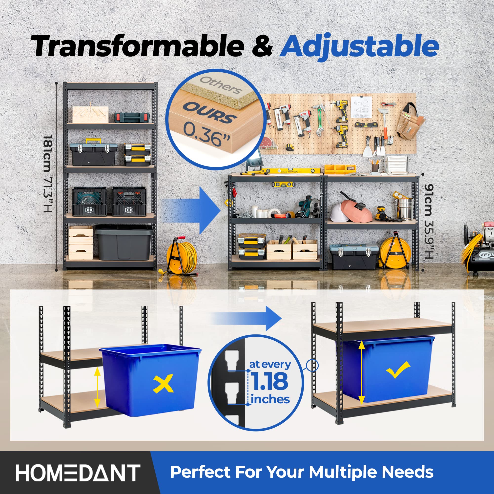 HOMEDANT 5-Tier Heavy Duty Boltless Metal Shelving Unit - Adjustable Garage Storage Rack, 35.9