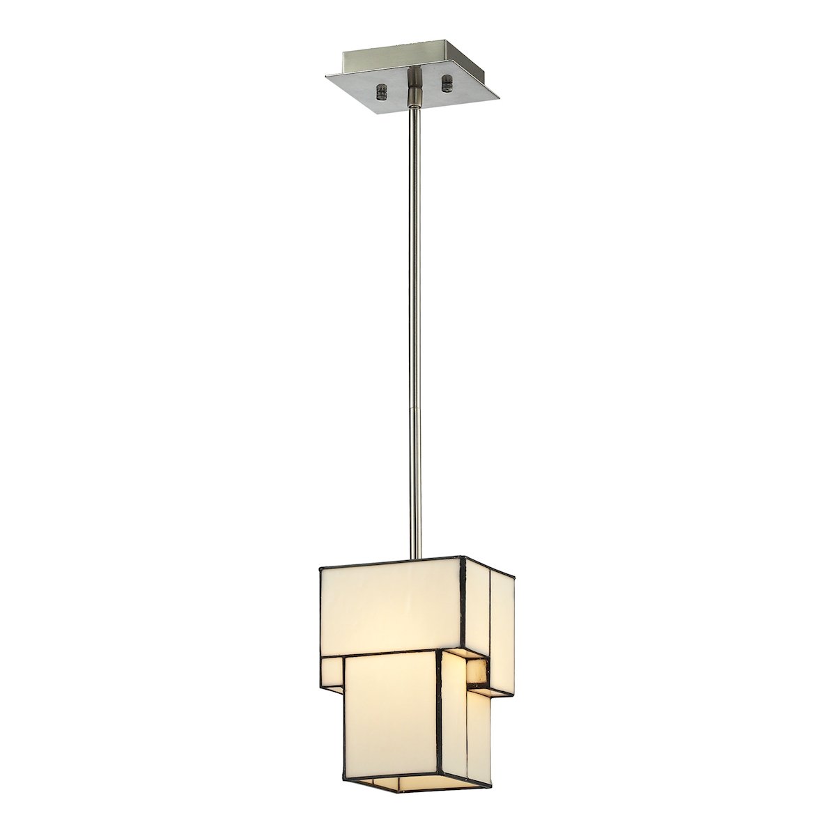 Brushed Nickel Cubist 1-Light Mini Pendant with White Tiffany Glass - Modern Geometric Ceiling Light for Kitchen Island, Dining Room & Entryway