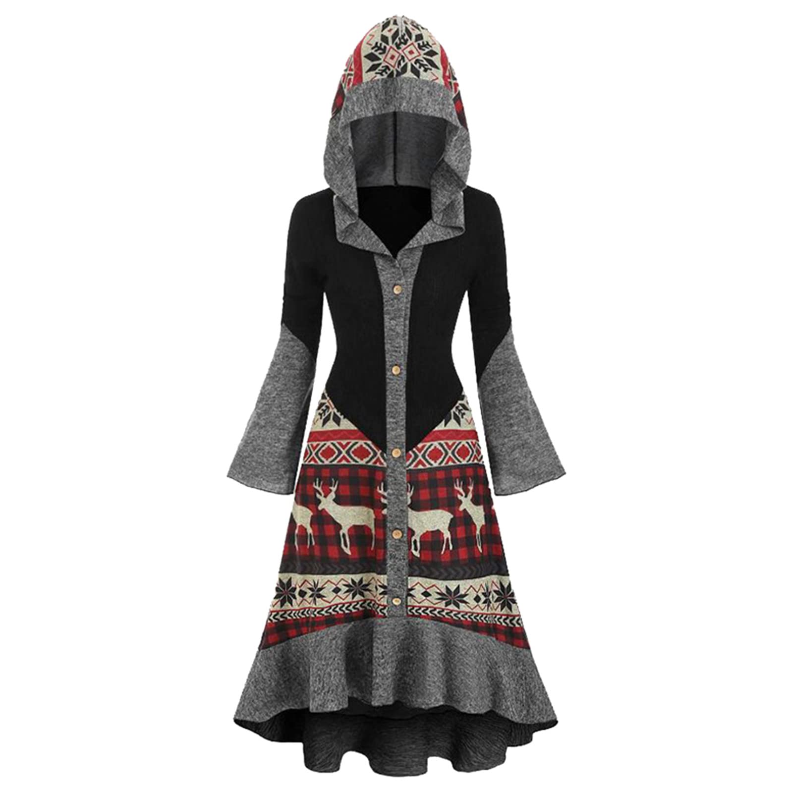 Vintage Patchwork Hooded Party Dress for Women - Long Sleeve Winter Christmas Dress | Holiday Party, Christmas Gathering, Office Celebration Outfit