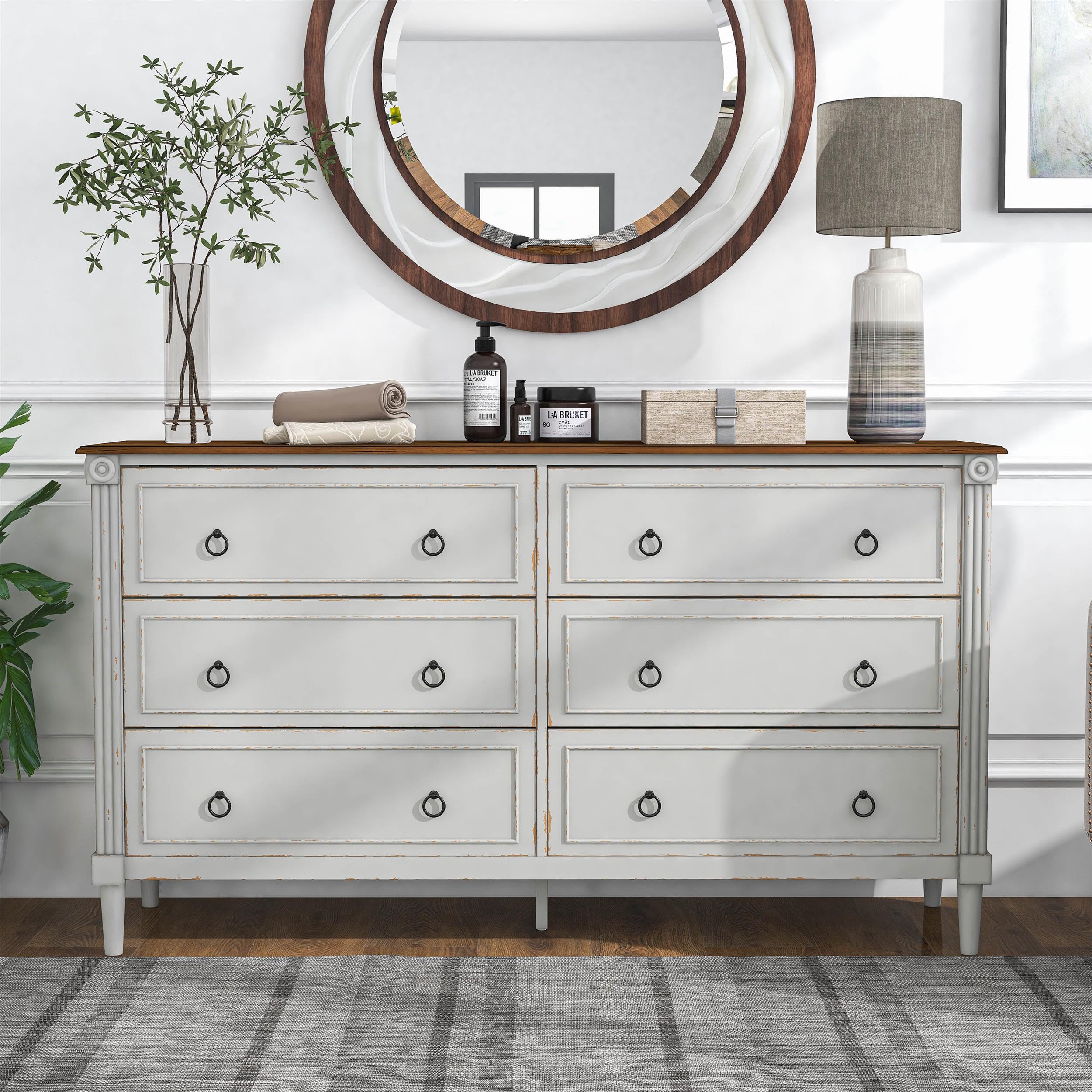 Furniture of America Birch Wood 6-Drawer Double Dresser in Antique White - Solid Wood Bedroom Dresser with Spacious Storage for Clothes, Bedroom Furniture for Home Organization & Decor