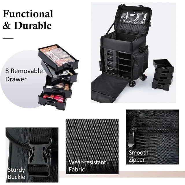 4 Lockable 360° Rolling Casters Professional Makeup Train Case - Portable Beauty Trolley for Hairstylists, Nail Technicians & Cosmetologists | Perfect for Salon, Spa & Mobile Beauty Services