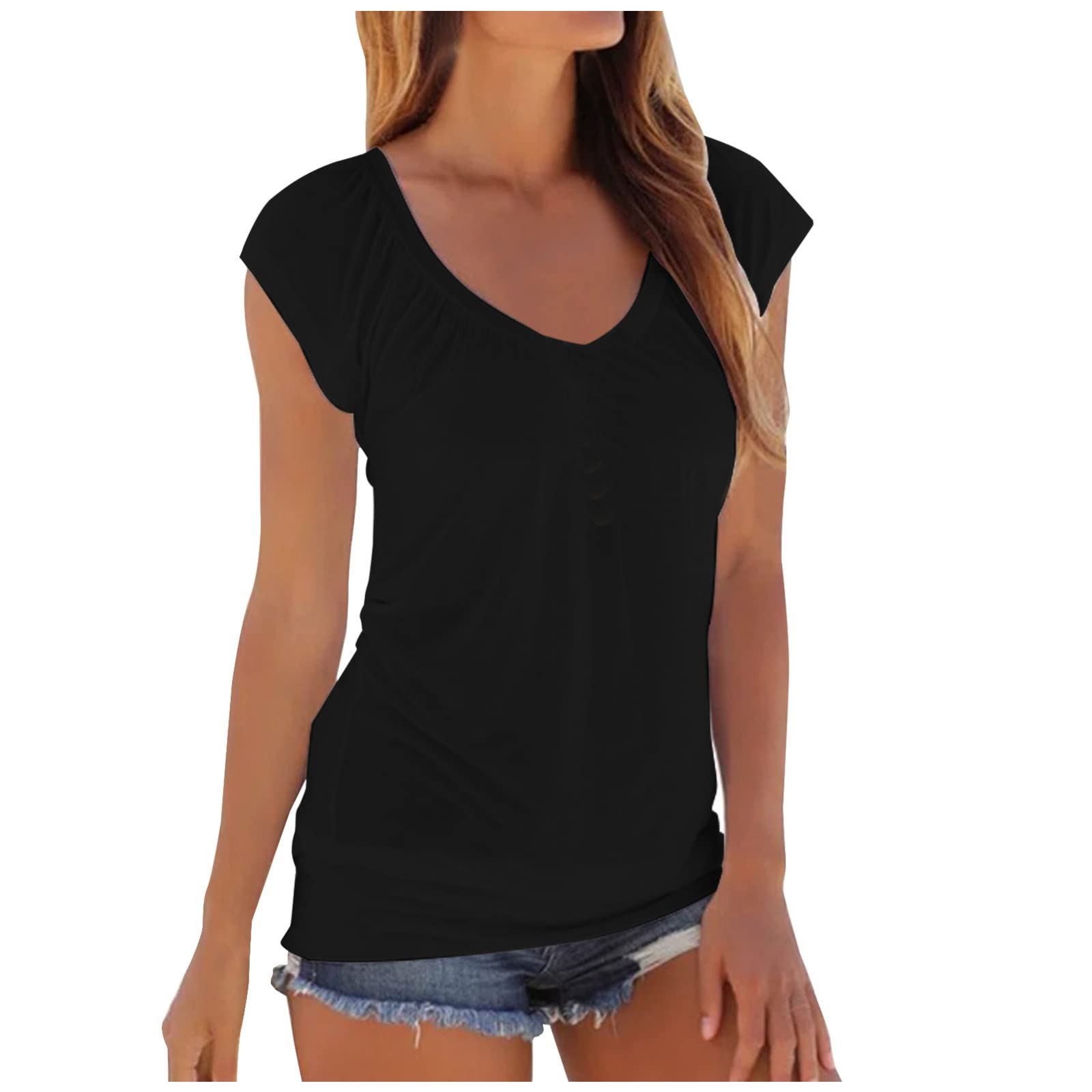 Women's Sexy Tunic Tops for Leggings - Short Sleeve Pleated Crewneck Blouse | Loose Casual Basic Tee for Everyday Wear, Work & Date Nights