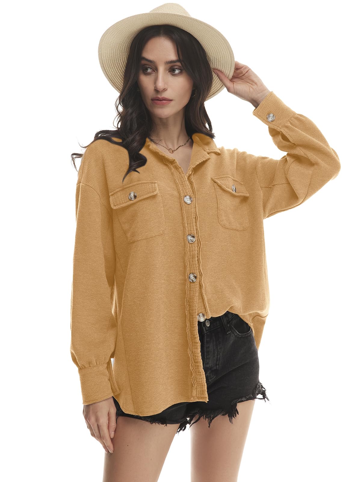 Yanekop Women's Waffle Knit Button Down Shirt Jacket - Oversized Long Sleeve Shacket for Casual & Trendy Outfits 2025 | Perfect for Fall Layering, Weekend Brunch & Street Style Fashion