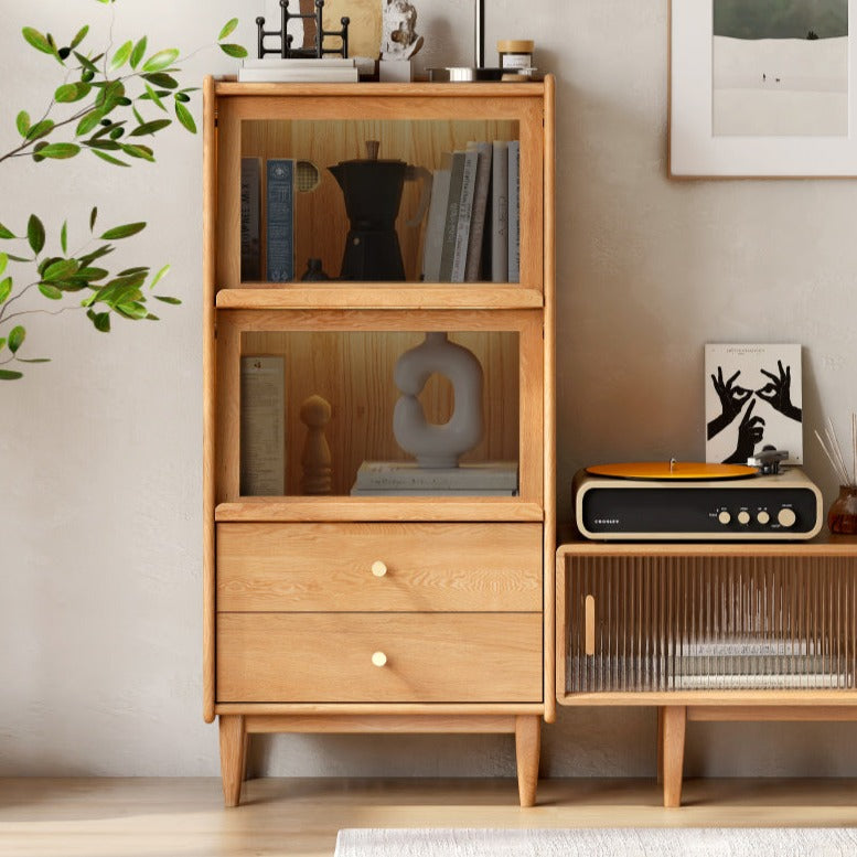 Solid Oak and Ash Wood Flip Door Side Cabinet with LED Lighting - Perfect for Living Room, Bedroom, or Office Storage and Display
