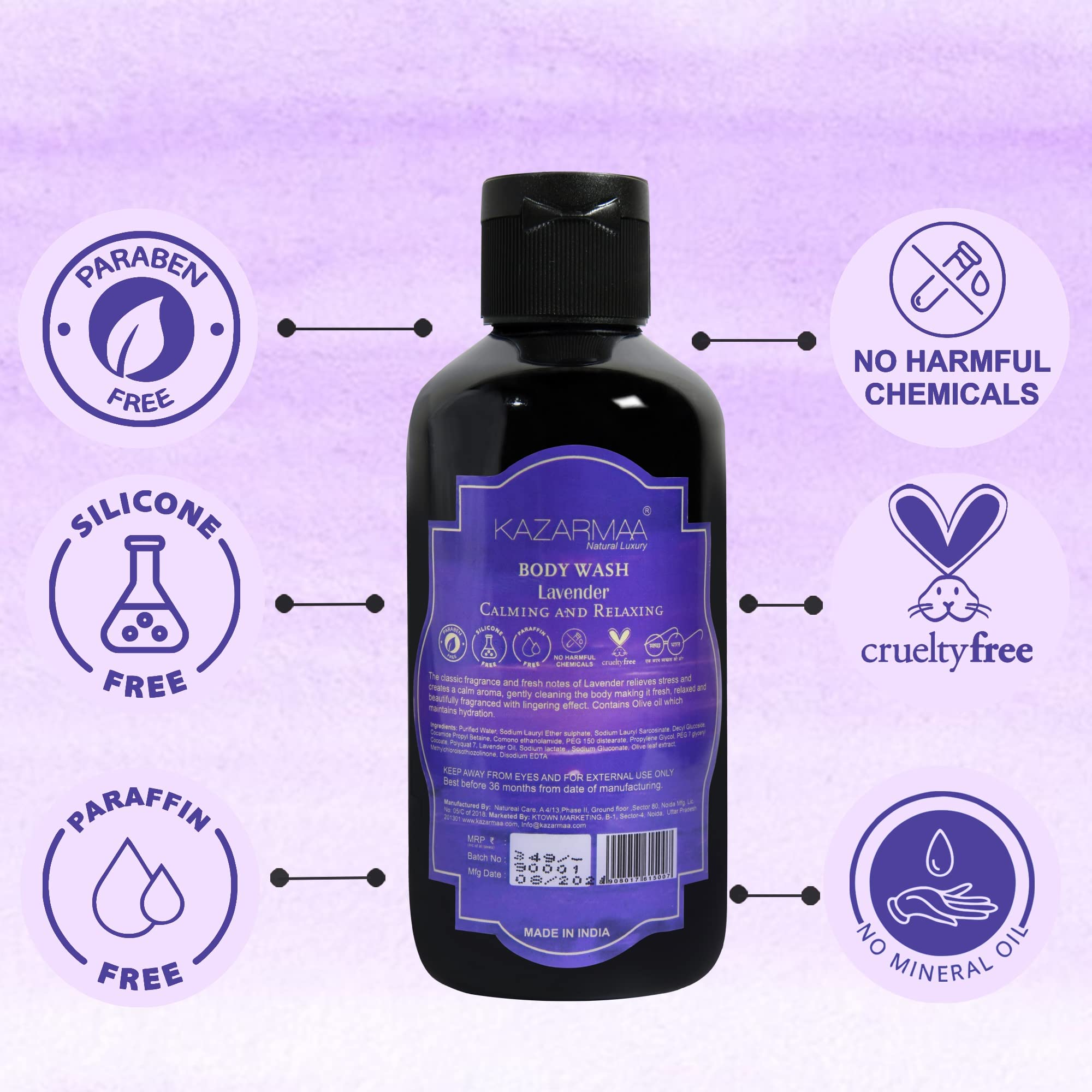 KAZARMAA Lavender Shower Gel & Body Wash - Moisturizing, Calming & Relaxing - 200ml with Loofah - Perfect for Stress Relief & Aromatherapy Baths