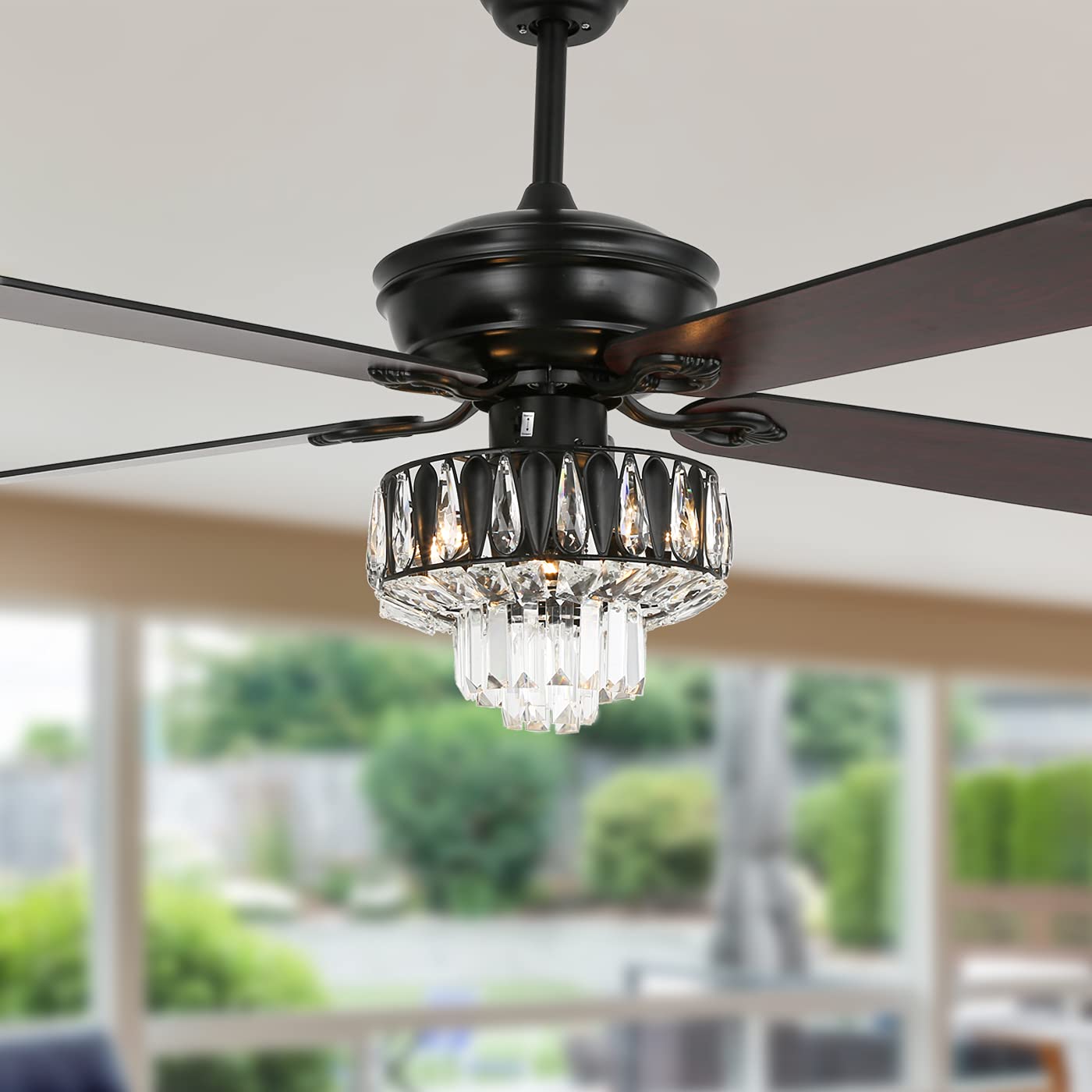 YYEHON 52 Inch Crystal Chandelier Fan with LED Lights & Remote Control - Industrial Style Ceiling Fan with Reversible Blades (Black/White Dual Finish) - Perfect for Living Room, Dining Room, Bedroom & Home Office Decor