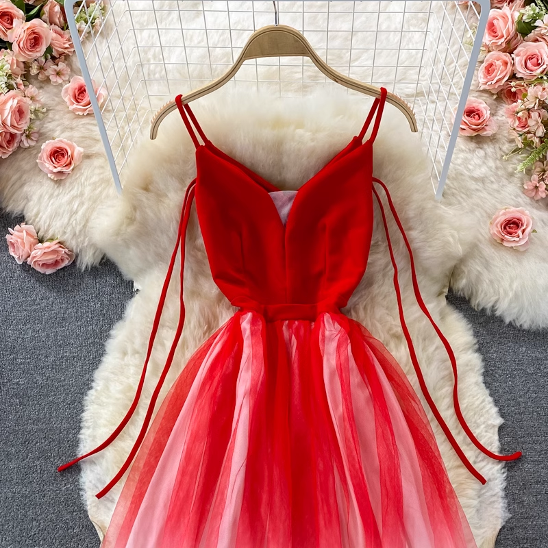 Elegant Gradient Mesh Evening Dress for Women - Summer V Neck Spaghetti Strap Party Gown 1367 | Perfect for Cocktail Parties, Weddings & Date Nights