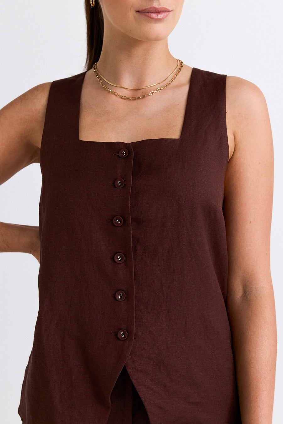Coastal Chocolate Linen Longline Crew Vest for Women - Lightweight Summer Layering Piece for Beach Outfits & Casual Wear