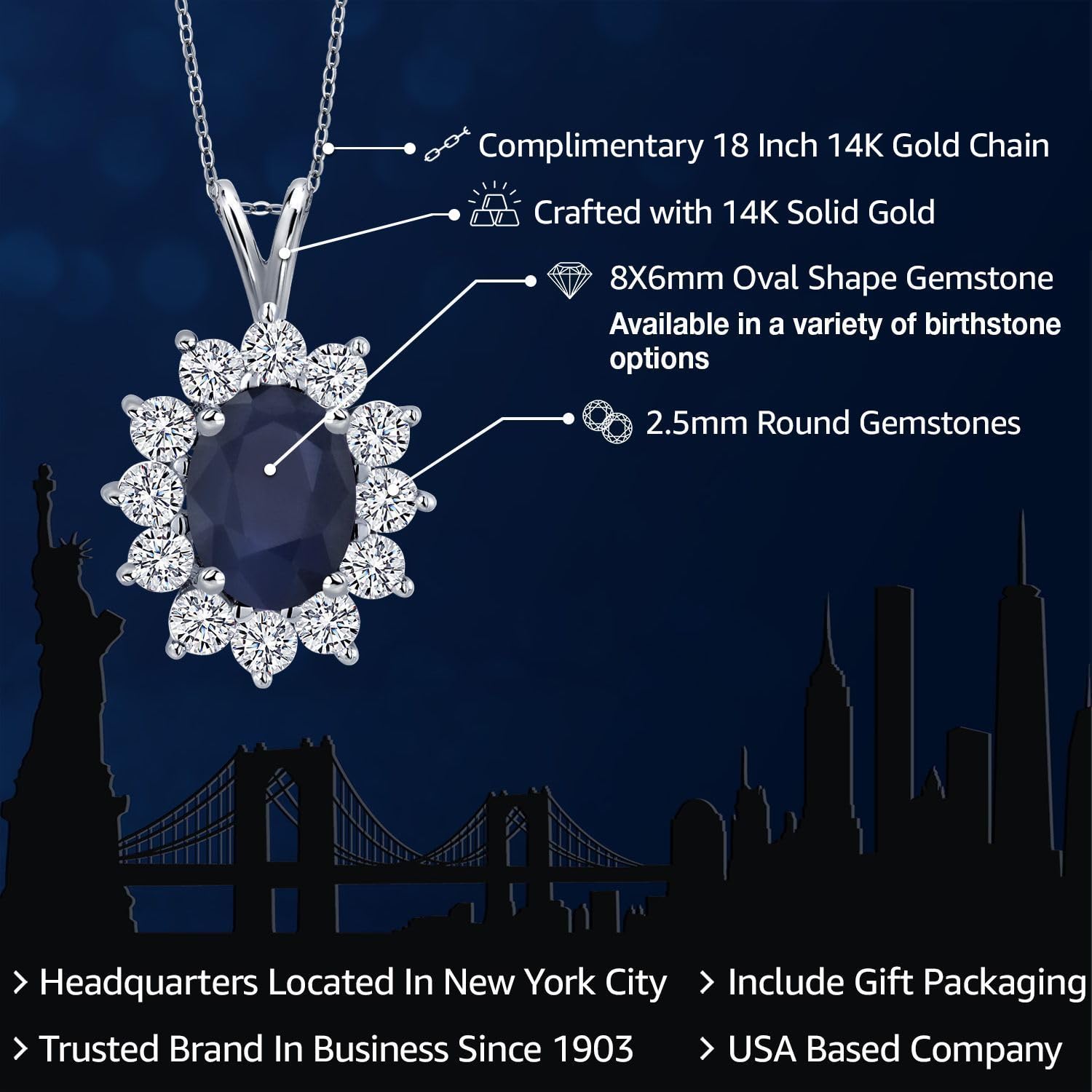 14K White Gold Blue Sapphire Pendant Necklace for Women - 2.39 Ct Oval September Birthstone Jewelry with 18 Inch Chain | Elegant Gift for Anniversary, Birthday & Special Occasions