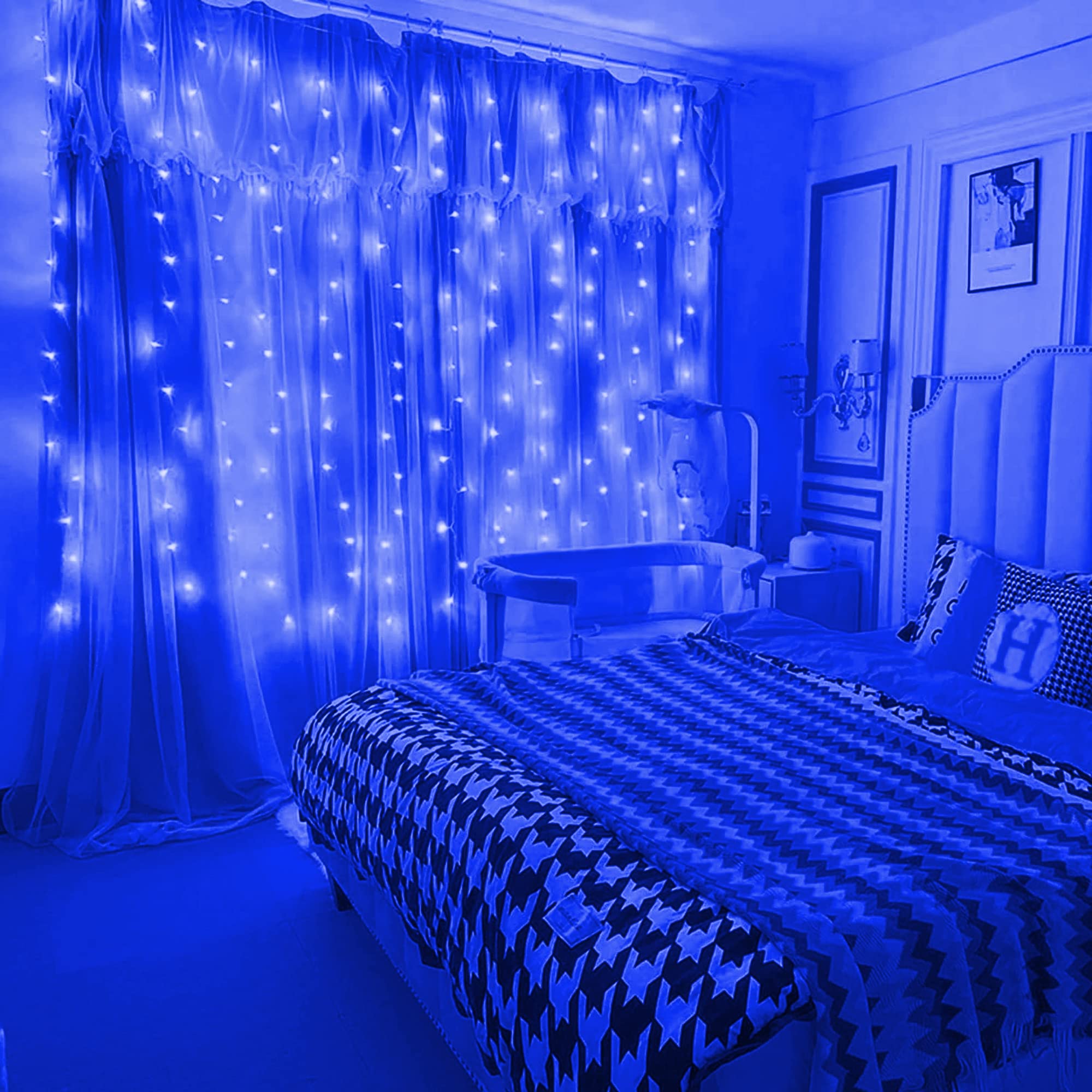 Dazzle Bright 300 LED Curtain String Lights - 9.8ft x 9.8ft USB Powered Waterproof Fairy Lights with 8 Lighting Modes for Christmas, Wedding, Party, Outdoor & Indoor Wall Decor (Blue) - Perfect for Bedroom, Garden, Patio and Holiday Decorations