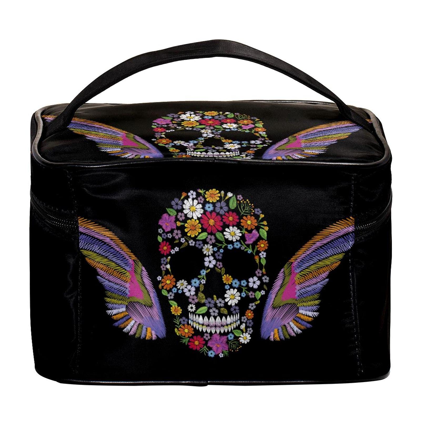 **Sugar Skull Floral Wing Travel Makeup Bag – Large Cosmetic Organizer with Zipper, Toiletry Bag for Women & Girls – Perfect for Travel, Gym, and Daily Use**