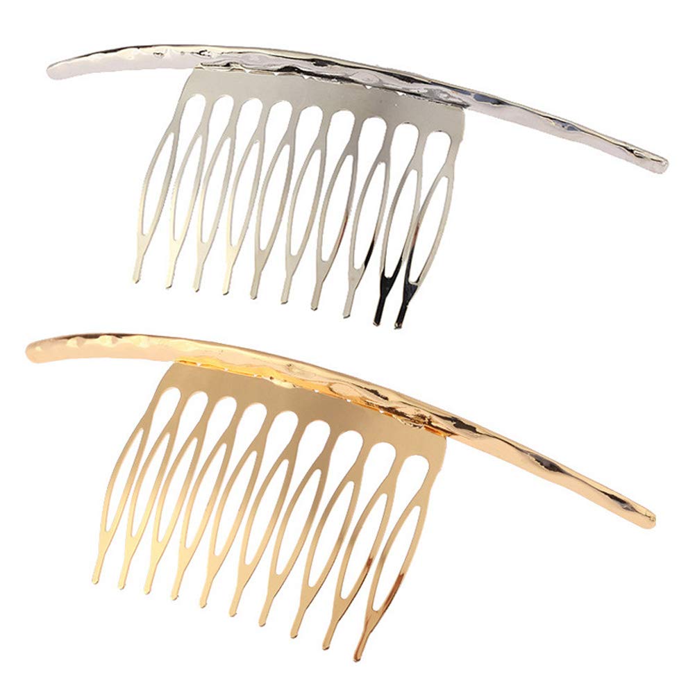 2-Piece Metal Hair Side Combs with Concave-Convex Surface - 10 Teeth Bridal Wedding Veil Hair Accessories for Women & Girls (Gold & Silver) - Perfect for Weddings, Proms, and Special Occasions