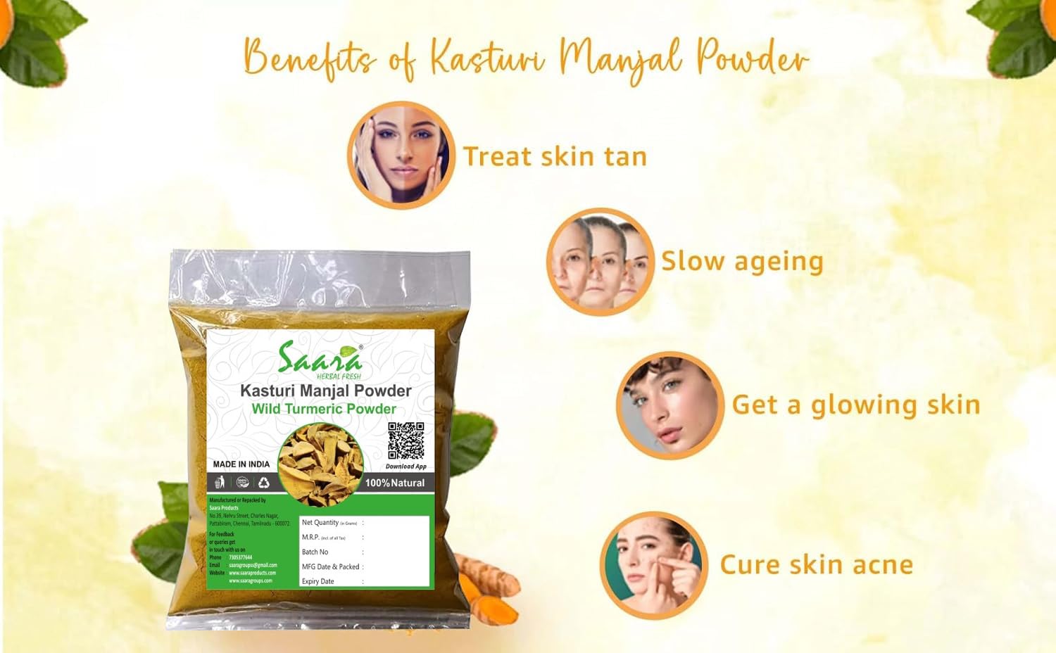 Saara HERBAL FRESH Wild Turmeric Powder (Kasturi Manjal) 200g - Pure Kasthuri Haldi for Skin & Face Care - Natural Brightening & Anti-Aging Solution - Pack of 2 X 100g - Perfect for DIY Face Masks, Skin Lightening & Ayurvedic Beauty Rituals