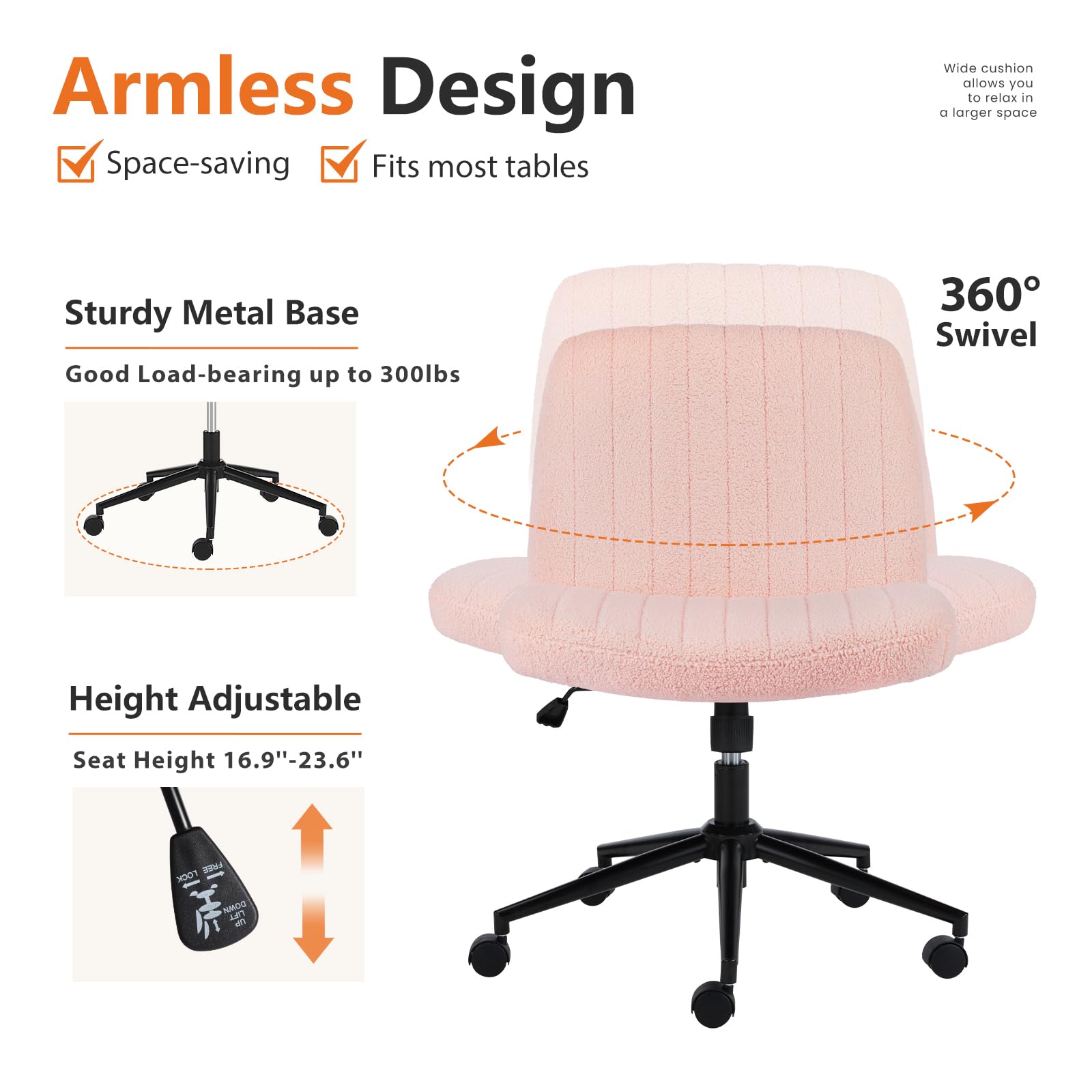 Sweetcrispy Criss Cross Chair Legged Armless Office Desk Chair with Wheels - Swivel, Height Adjustable, Wide Seat Computer Task Chair for Home & Office - Teddy Pink - Perfect for Workstations, Gaming & Study Spaces