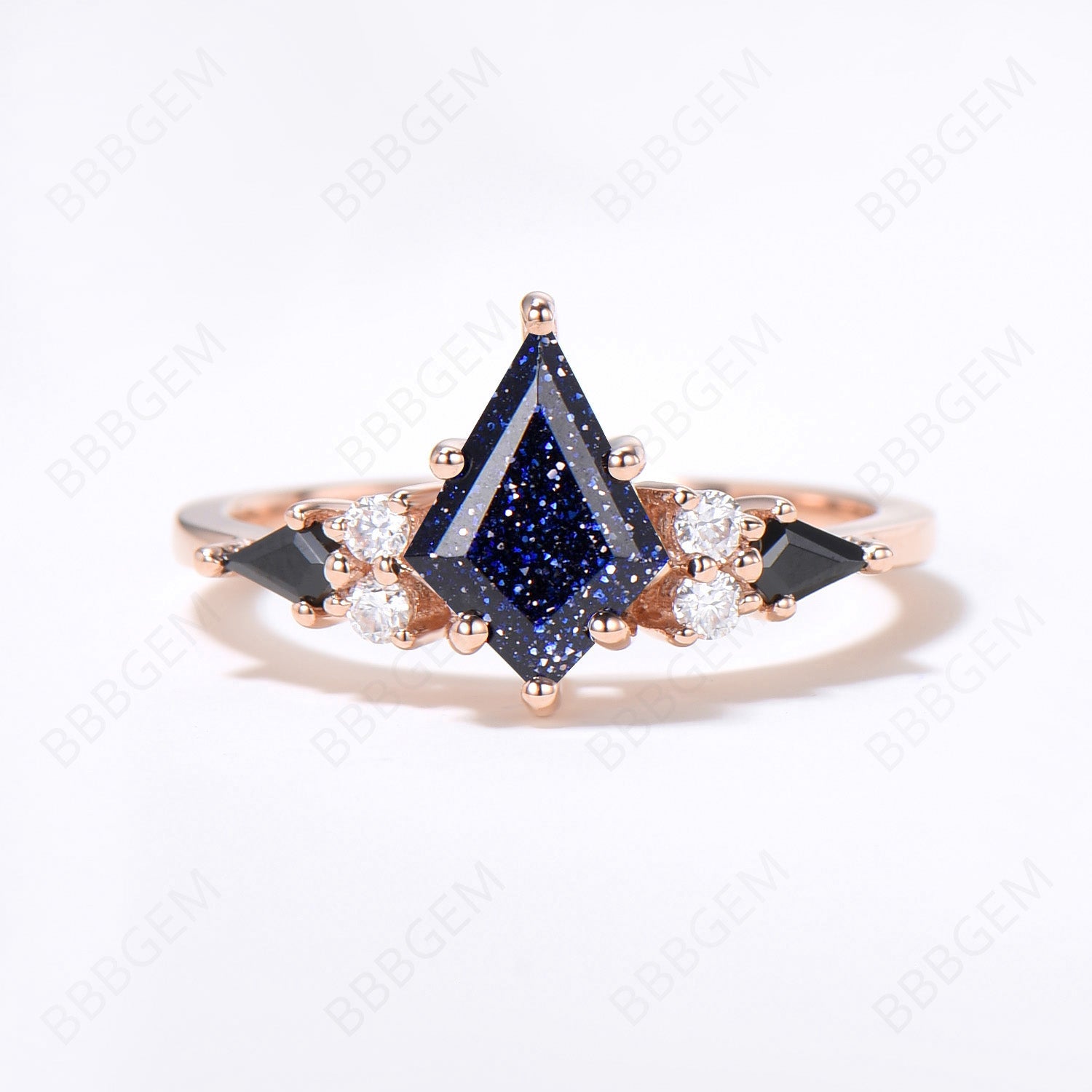 3pcs Kite Galaxy Blue Sandstone Engagement Ring Set - 14k Rose Gold Celtic Knot Black Diamond Bridal Jewelry - Unique Wedding Band for Women - Perfect for Proposals, Anniversaries & Romantic Occasions