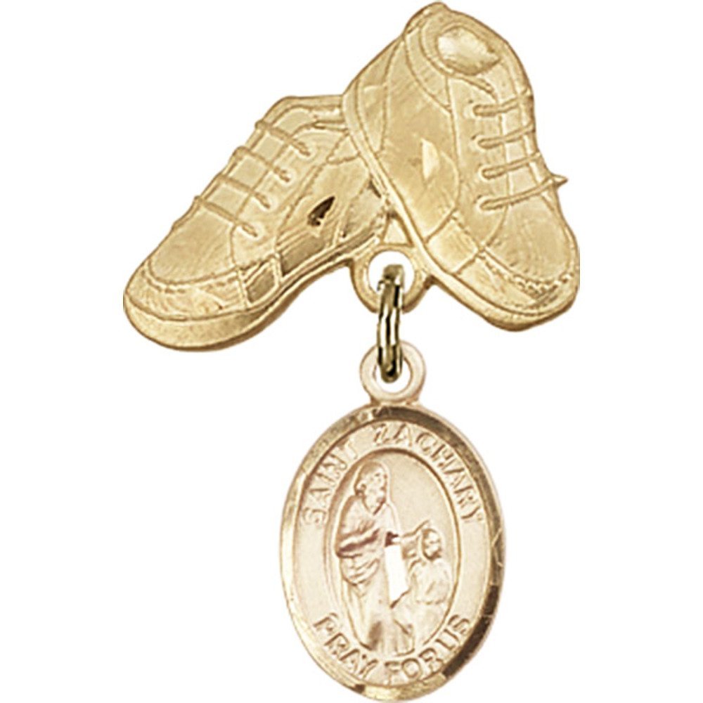 Bonyak Gold Filled Saint Zachary Medal Charm with Baby Boots Pin - 1 X 5/8 Inch Religious Jewelry for Baptism, Christening & First Communion Gifts