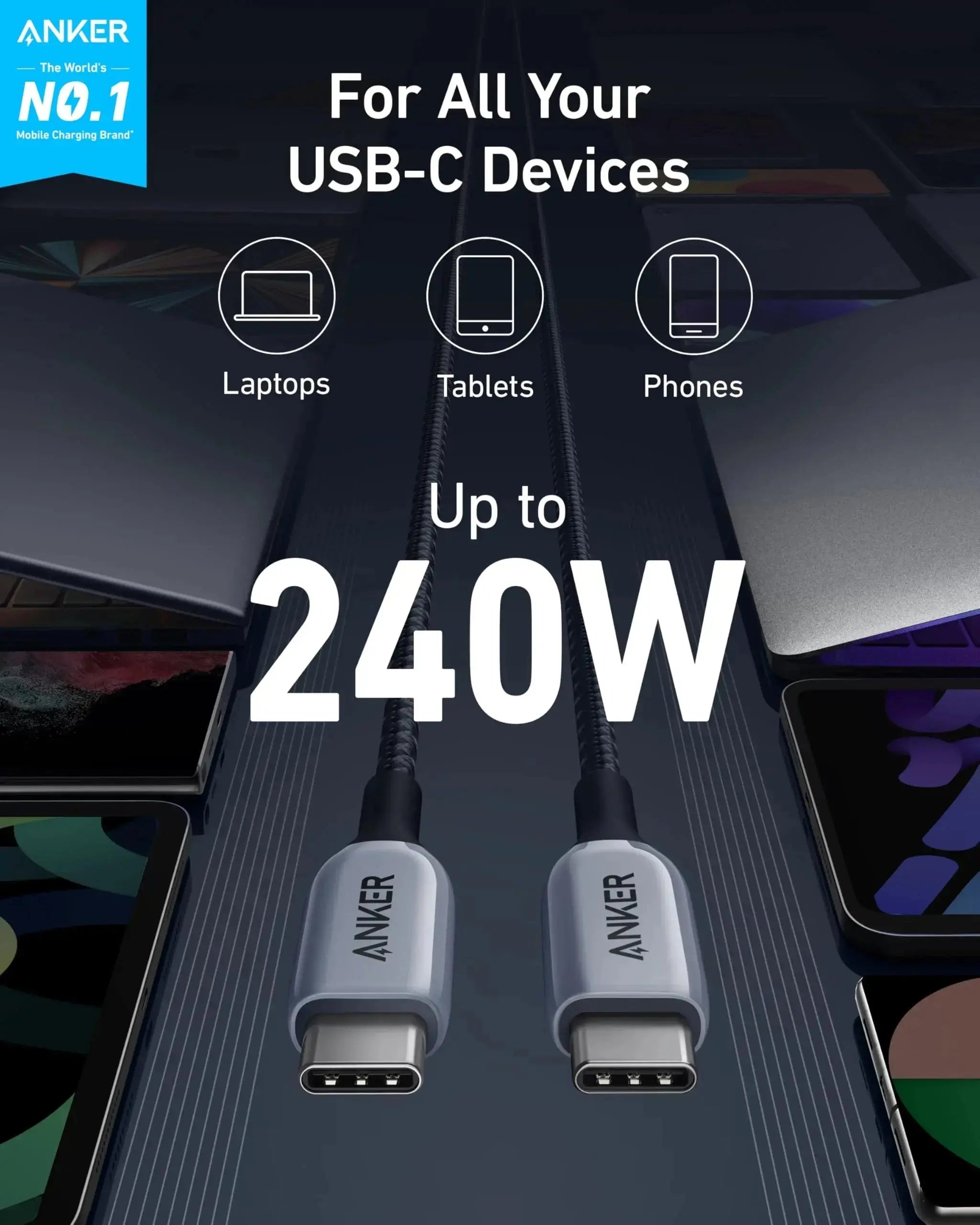 Anker 765 PowerLine USB C to USB C Fast Charging Cable 240W 3ft (1m) - High-Speed Charger Cord for MacBook Pro, Galaxy S23, iPad Pro & More - Perfect for Home, Office & Travel Charging