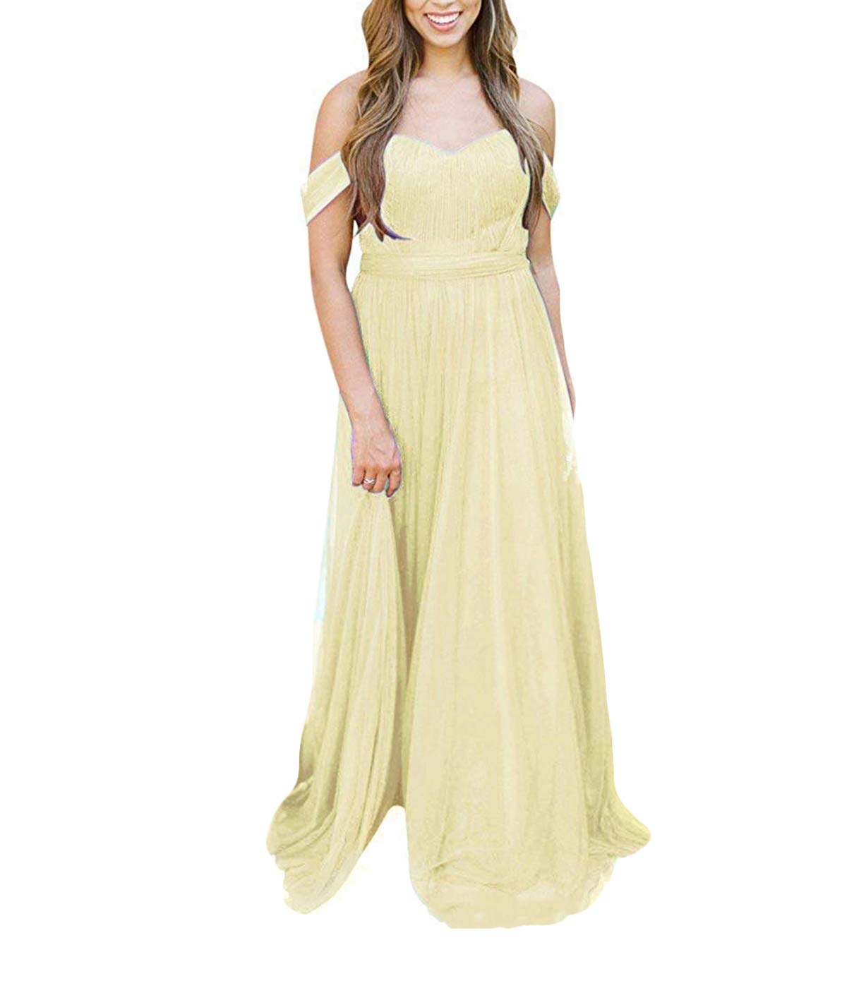Elegant Off Shoulder Long Bridesmaid Dress - Sweetheart Neckline Tulle Wedding Party Gown for Prom & Formal Events | Perfect for Bridal Showers, Receptions & Special Occasions
