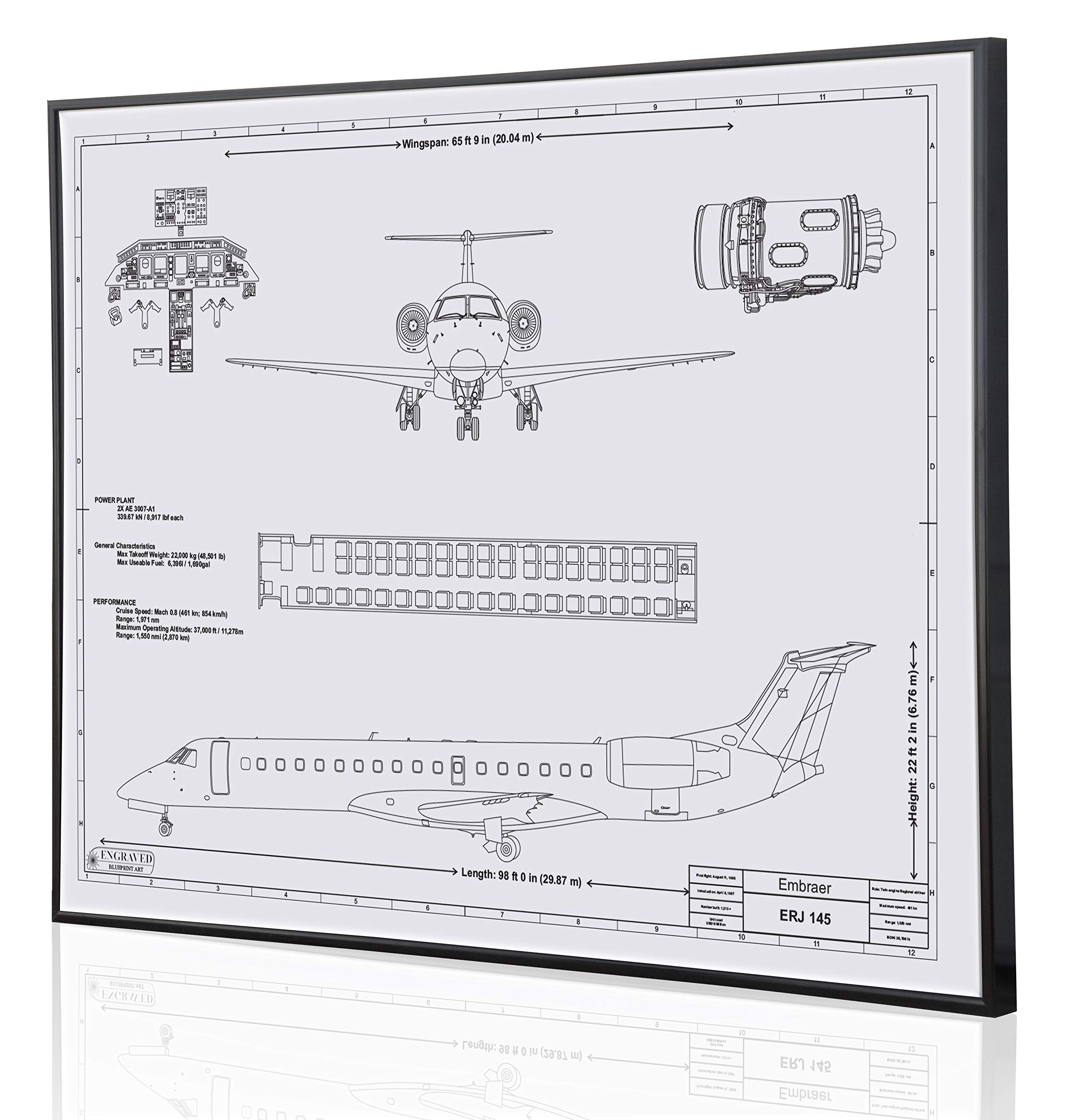 Embraer Regional Jet 145 Blueprint Artwork - Laser Engraved Personalized Aviation Gift for Pilots & Aviation Enthusiasts - Perfect for Home, Office Decor & Pilot Appreciation Gifts