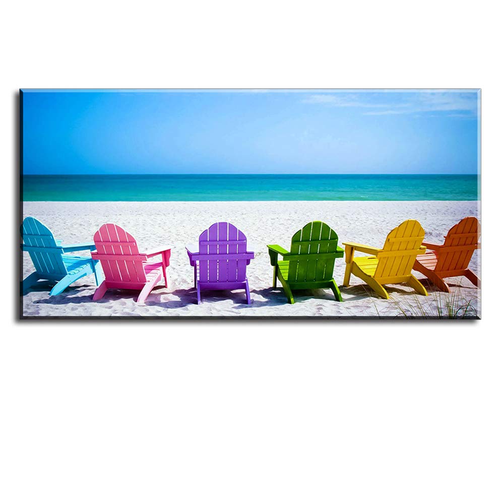 Blue Sea with Colorful Chairs Canvas Wall Art - Waterproof Beach Painting for Living Room Decor, 1