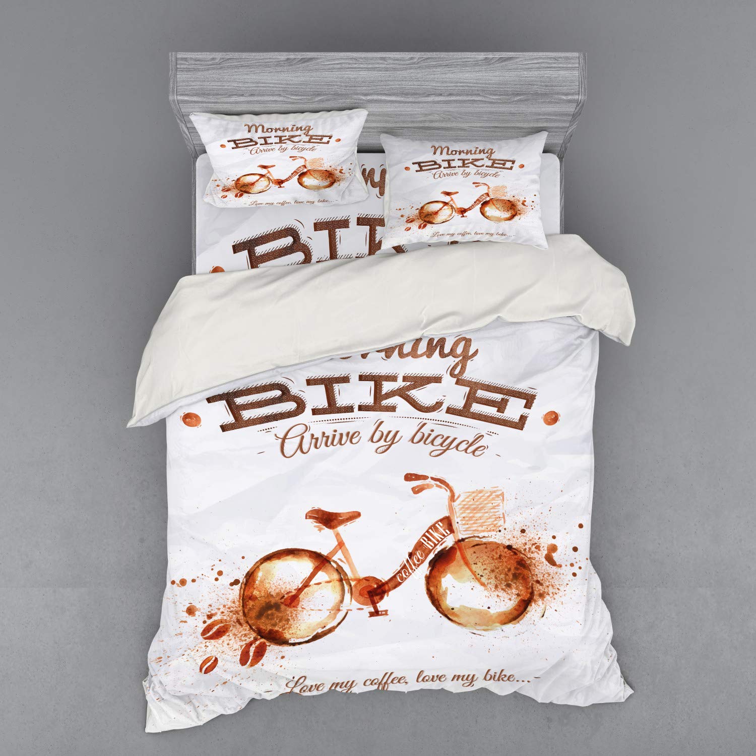 Ambesonne Coffee Art 4-Piece Queen Size Bedding Set - Dark Orange Chocolate Duvet Cover with Shams & Fitted Sheet - Coffee Lover Gift, Bike Theme Design for Bedroom Decor - Perfect for Cozy Mornings & Coffee Enthusiast Home Styling