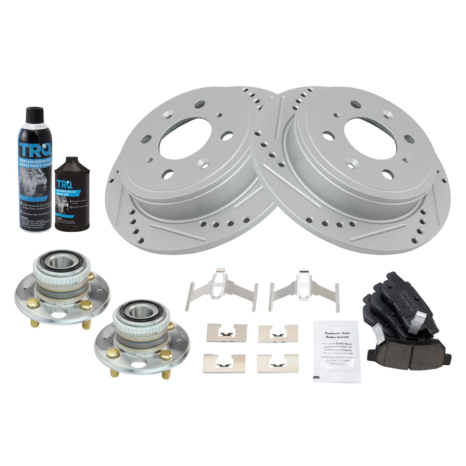 TRQ Performance Ceramic Brake Pad & Rotor Kit - Rear Wheel Hub Assembly with Anti-Squeal Chemicals | Perfect for High-Performance Vehicles, Racing, and Daily Driving