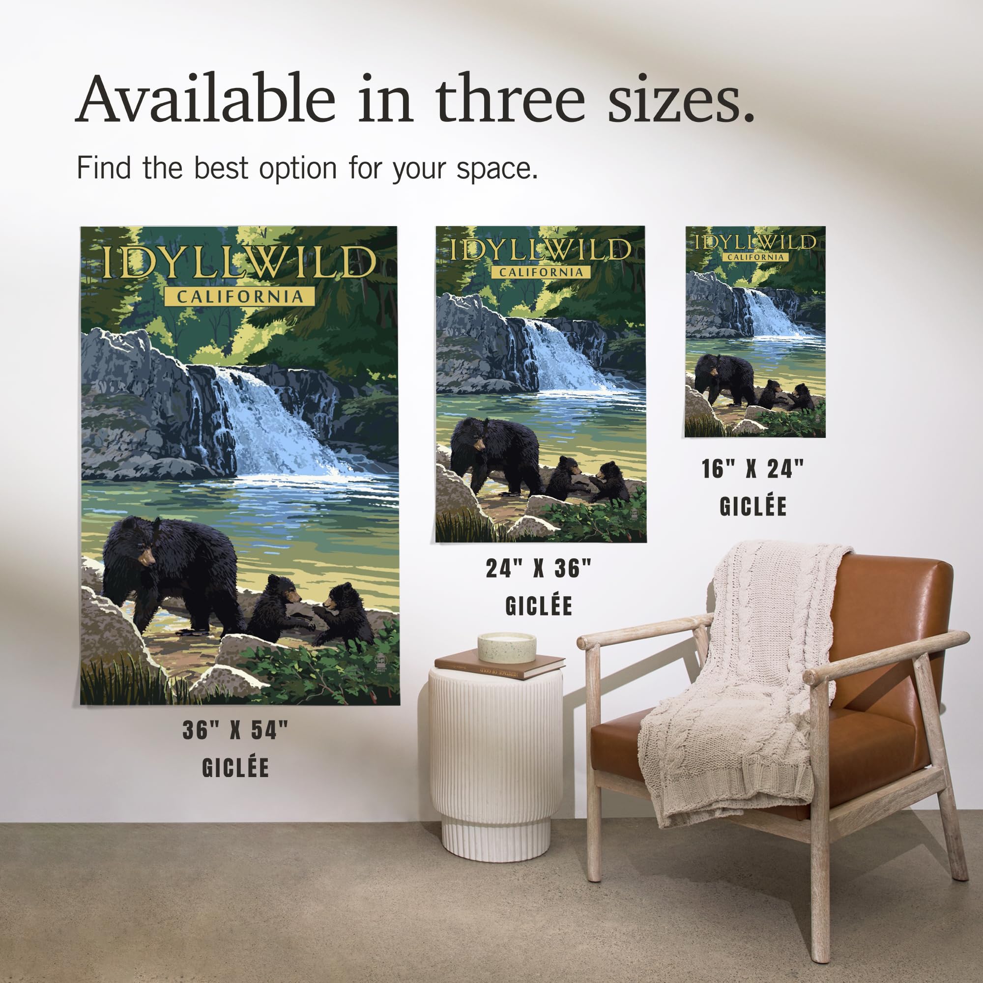 Lantern Press 16x24 Inch Giclee Art Print - Idyllwild California Landscape with Bear Family and Waterfall - Perfect for Living Room, Bedroom or Office Wall Decor