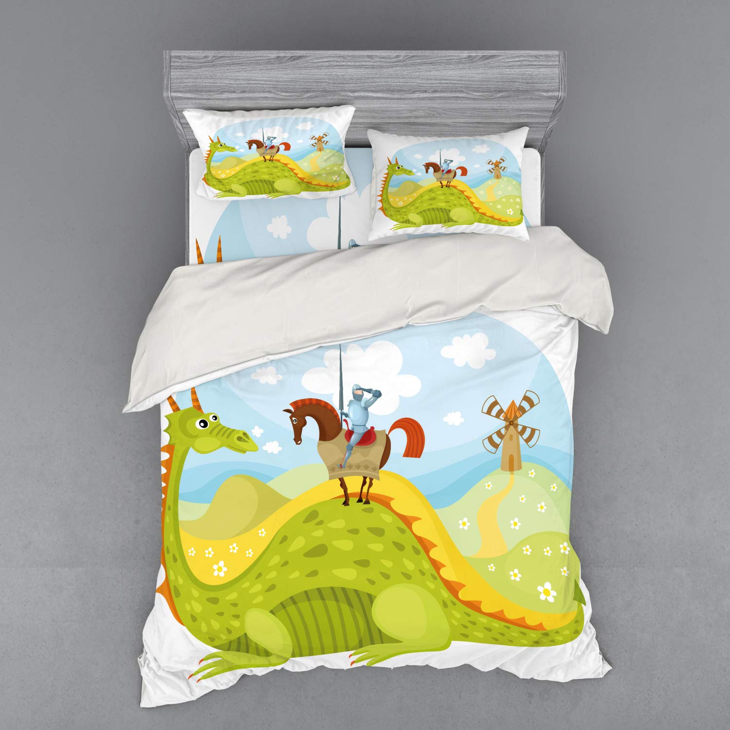 Ambesonne Medieval Knight Don Quixote Horse Dragon Valley Fantasy 4-Piece Queen Bedding Set - Duvet Cover, Shams & Fitted Sheet in Apple Green & Sky Blue - Perfect for Themed Bedrooms, Renaissance Fairs & Fantasy Lovers