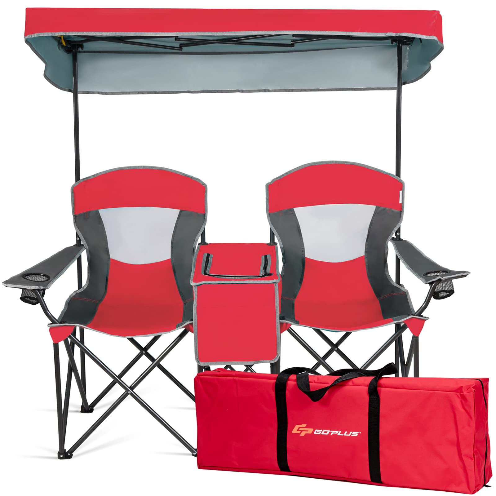 Goplus Double Beach Chair with Canopy Shade - Portable Folding Lawn & Camping Chairs with Sunshade, Mini Table, Beverage Holder & Carrying Bag - Perfect for Outdoor Travel, Hiking, Fishing, Poolside & Backyard Relaxation (Red)
