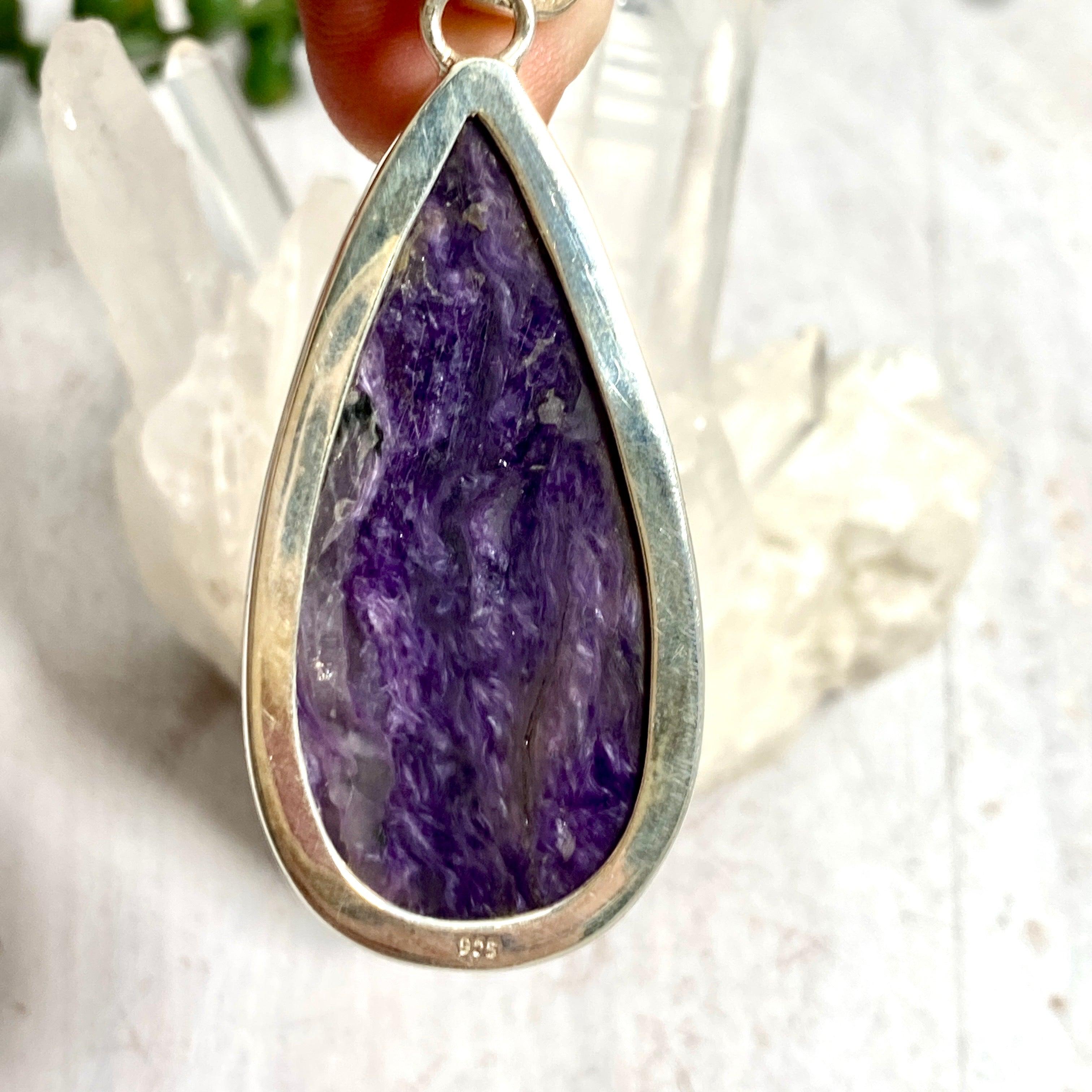 Natural Charoite Teardrop Pendant Necklace KPGJ3389 | Healing Crystal Jewelry for Meditation & Spiritual Protection