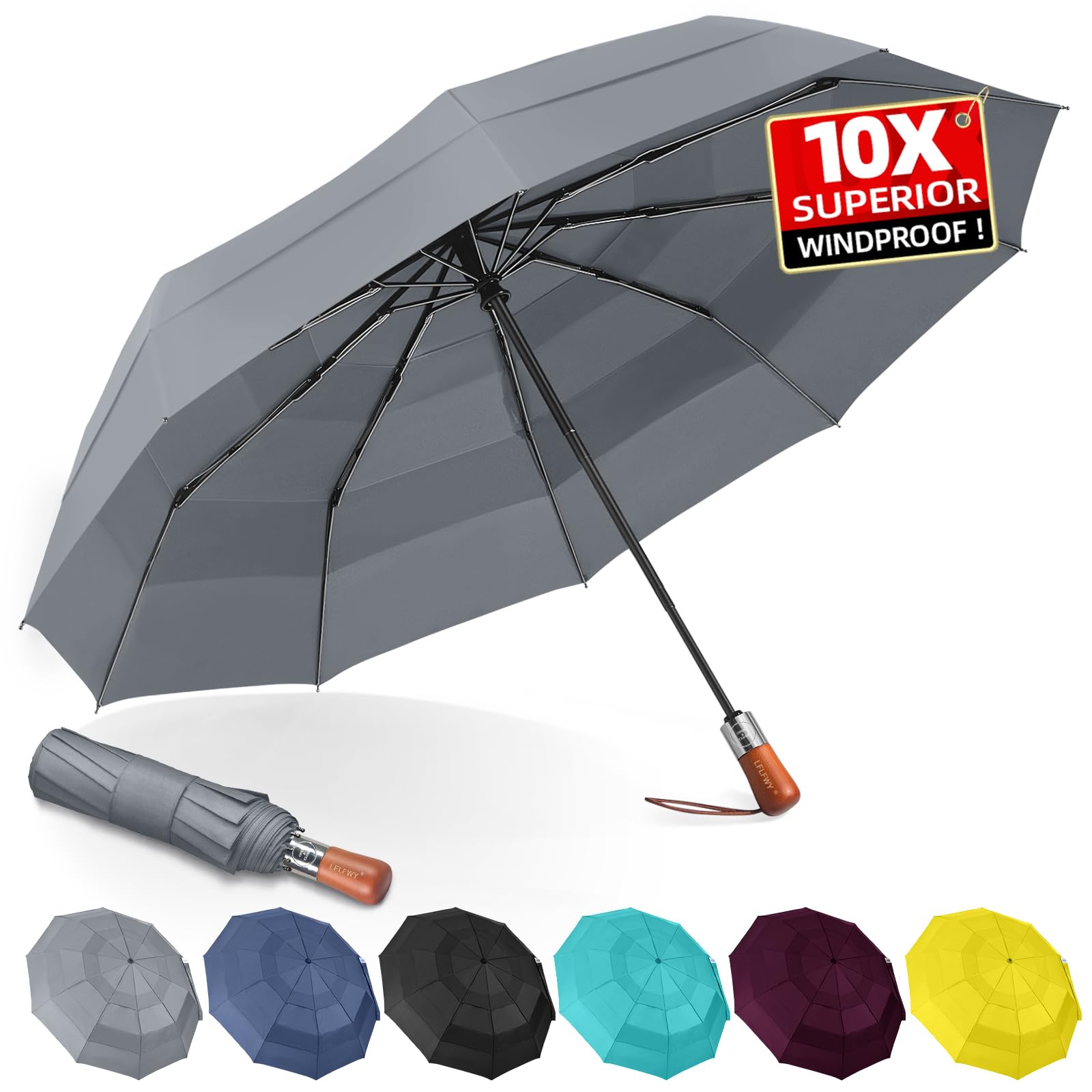 3T Wind Armor Travel Umbrella - Compact Auto Open/Close Folding Umbrella for Rain & Windproof - Durable Real Wood Handle - Portable for Backpack & Car - Perfect for Commuting, Travel, and Outdoor Activities