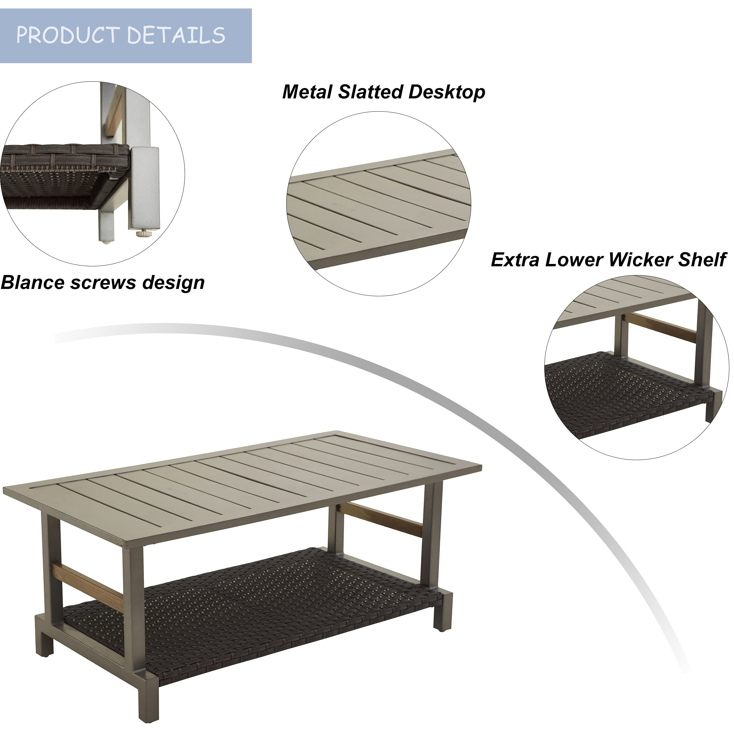 LOKATSE HOME Outdoor Coffee Table - Rectangle Patio Bistro Dining Furniture with Wicker Rattan & 2-Shelf Storage - Grey - Perfect for Backyard, Garden, Poolside, and Balcony Relaxation