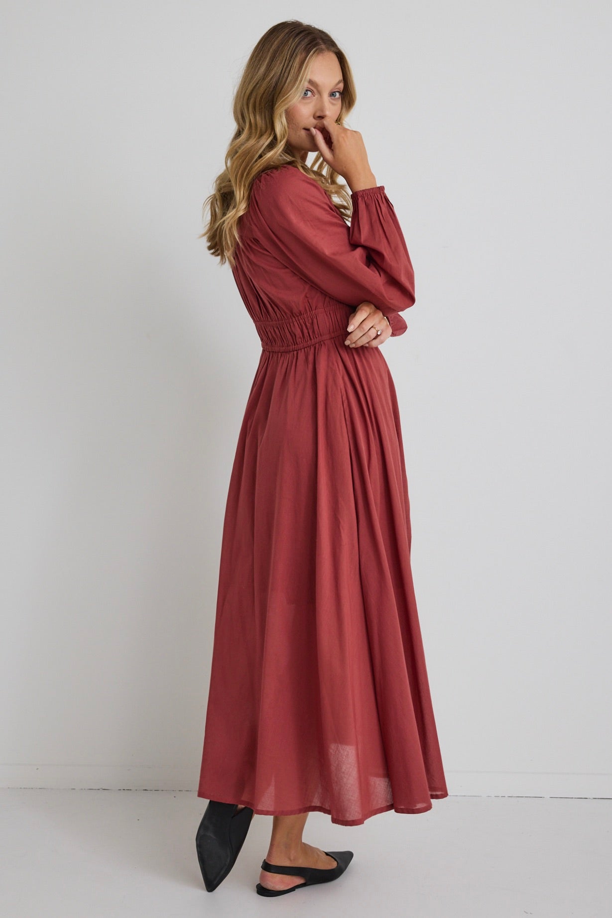 Gala Clay Long Sleeve Button Front Tiered Maxi Dress for Women | Elegant Boho Chic Flowy Dress for Fall Weddings, Parties & Special Occasions