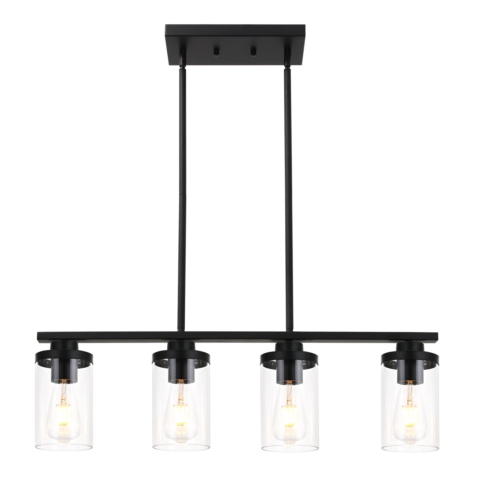Vintage Black 4-Light Kitchen Island Pendant Lighting Fixture with Glass Shade - Modern Dining Room Ceiling Light for Kitchen Island, Breakfast Nook & Living Room - Perfect for Farmhouse, Industrial & Contemporary Home Decor