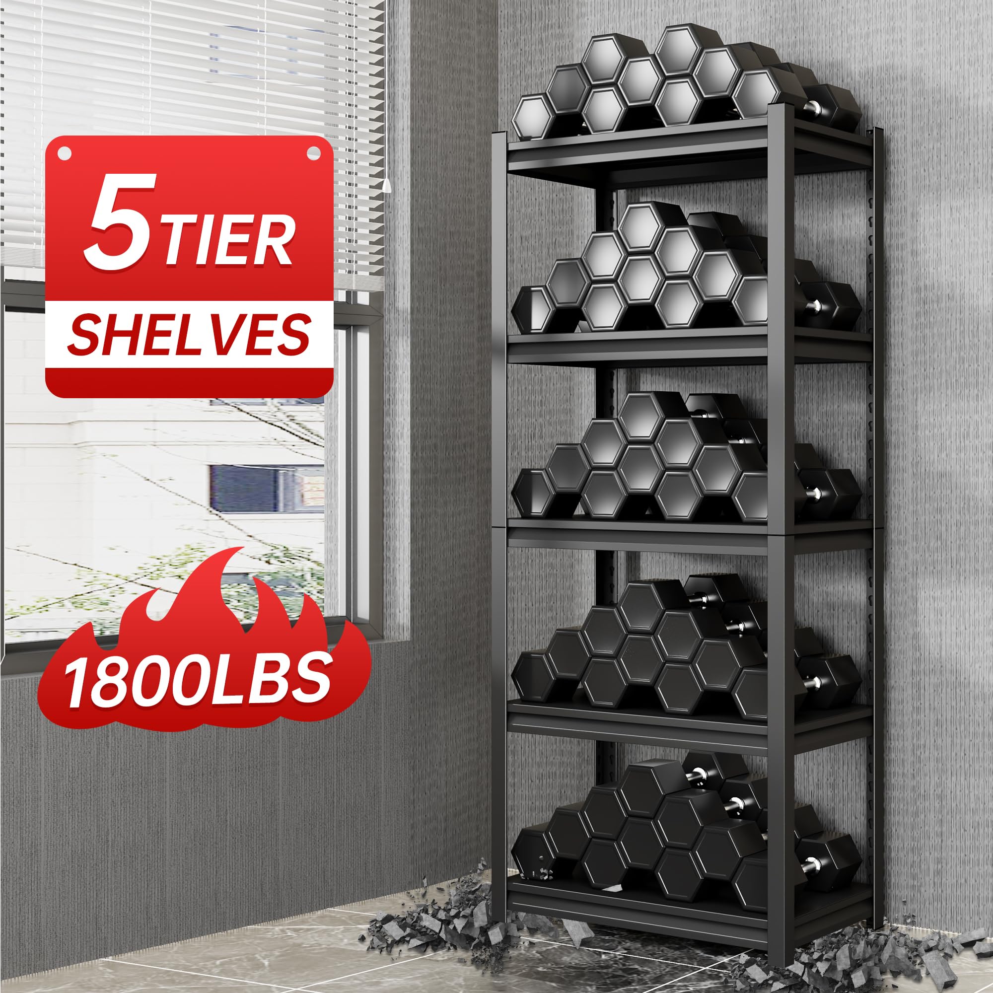 Heavy Duty 5-Tier Adjustable Metal Shelving Unit - 1800 LBS Capacity for Basement, Warehouse & Kitchen Storage - Durable Industrial Shelves for Home, Garage & Office Organization