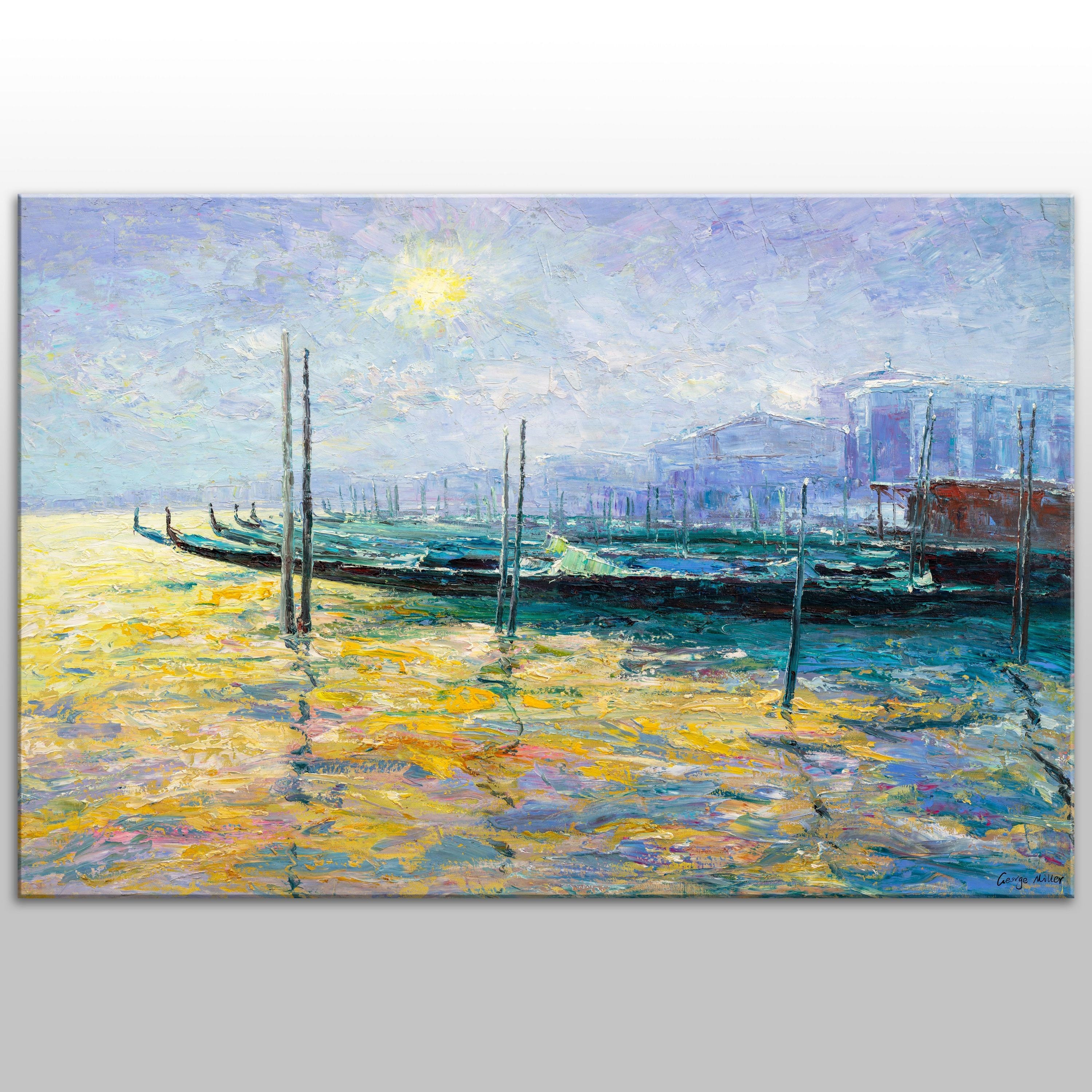 Handmade Rustic Oil Painting - Venice Gondola at Dawn on Canvas | Original Impasto Wall Art for Living Room, Bedroom & Office Decor