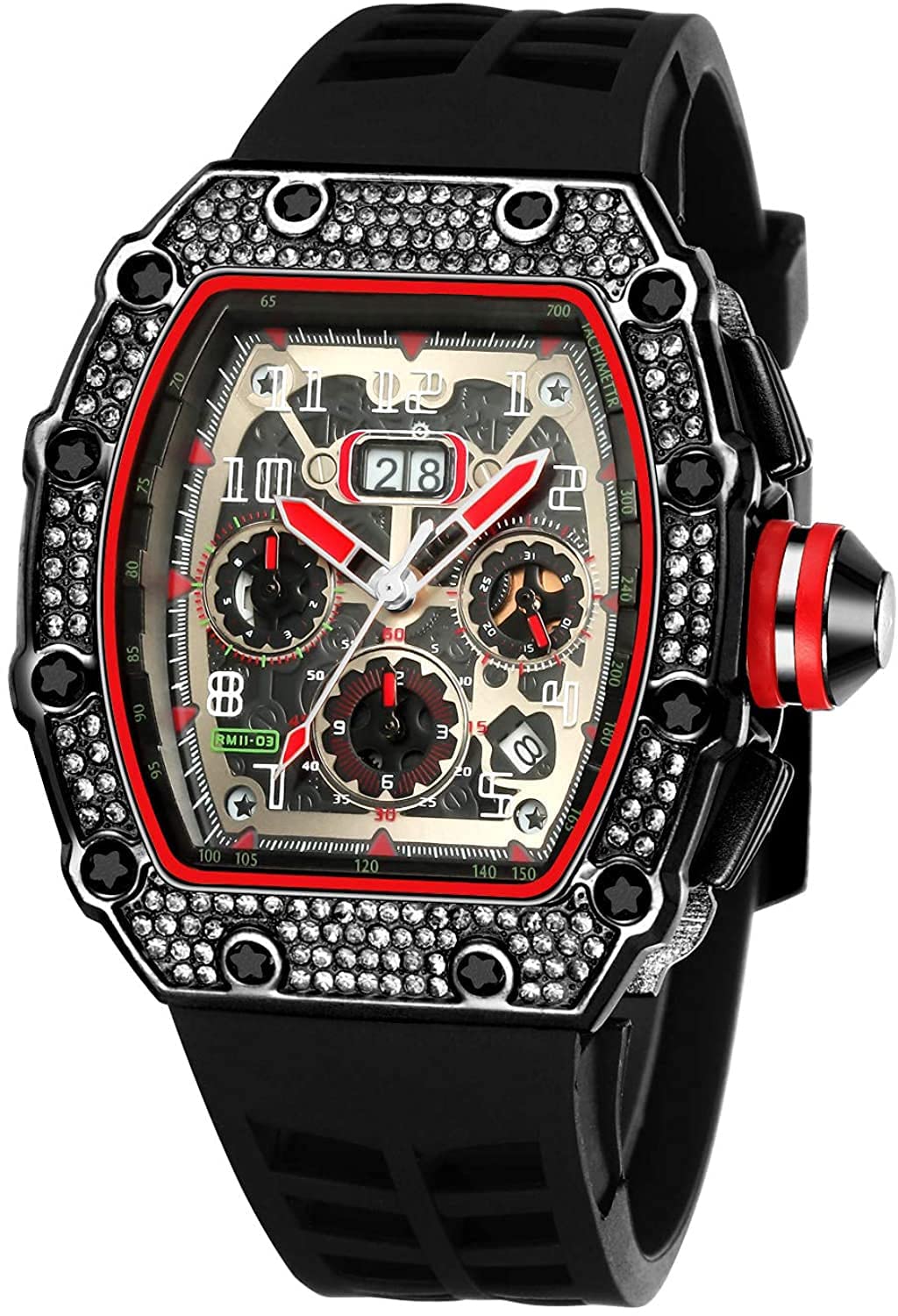 FANMIS Men's Punk Diamond Chronograph Watch - Fashionable Silicone Band Sports Wristwatch for Casual & Party Wear - Perfect for Everyday Use, Gifts, and Special Occasions