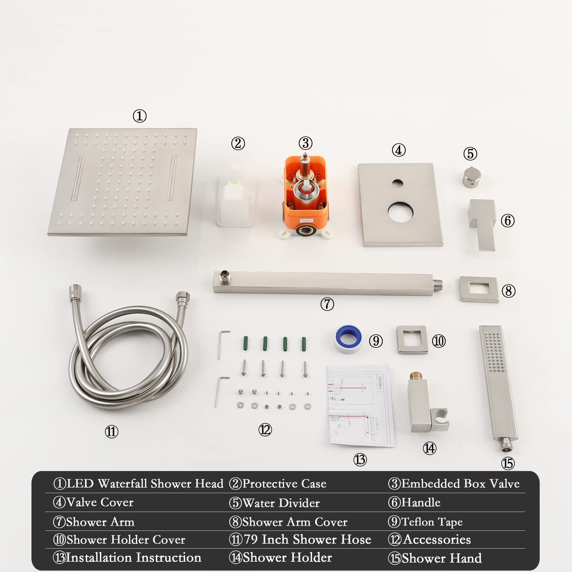 SKOWLL Rainfall Shower System with Handheld Shower Head - 10 Inch Solid Brass Pressure Balancing Mixer Valve, Wall Mounted Shower Combo in Brushed Nickel - Perfect for Luxurious Spa-Like Bathroom Experience & Water-Saving Home Upgrade