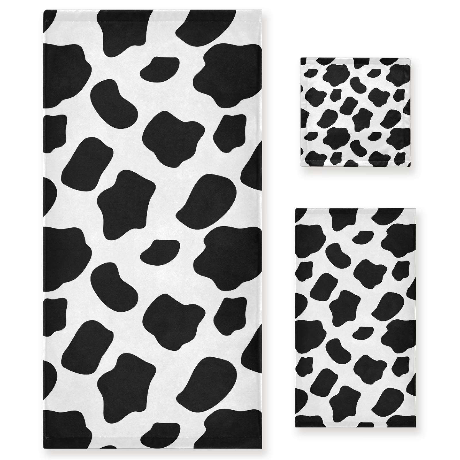 ALAZA Black and White Cow Print Bath Towel Set - 1 Bath Towel, 1 Hand Towel, 1 Washcloth | Ultra Soft Luxury Cotton Towels for Bathroom, Kitchen, Spa & Beach | Decorative Farmhouse Style Towel Set for Home & Travel