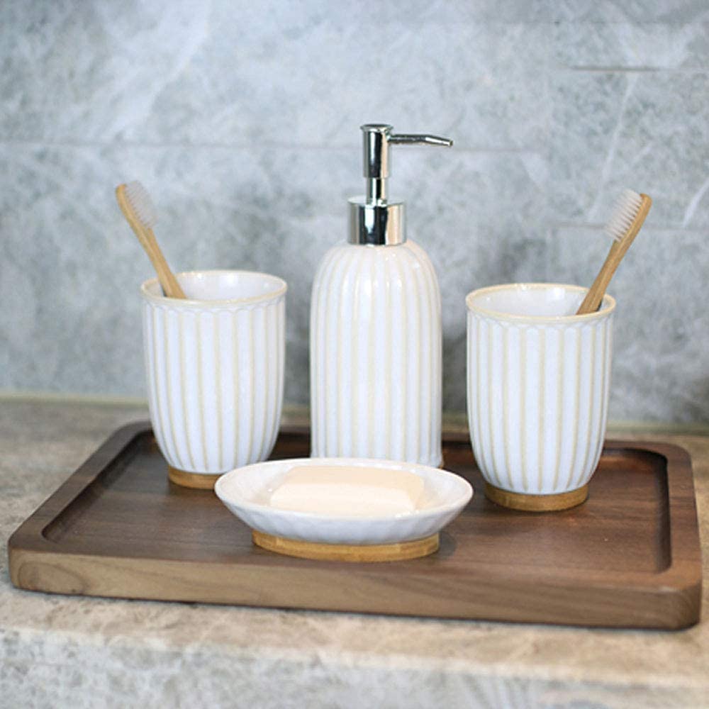 AWJ 4-Piece Ceramic Bathroom Accessories Set - Soap Dispenser, Lotion Bottle, Toothbrush Holder & Soap Dish - Elegant White Bathroom Organizer for Modern Homes, Spa & Guest Bathrooms