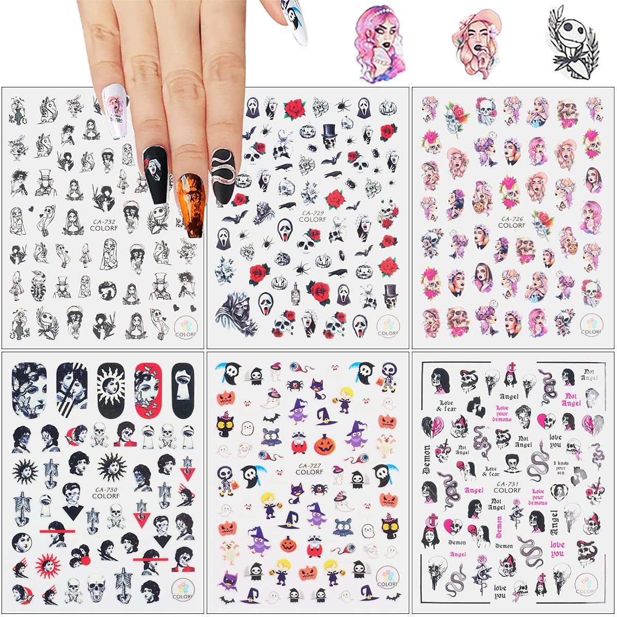 3D Halloween Nail Stickers - Day of The Dead Nail Art Decals, Self-Adhesive Ghost Skull Bat Designs for DIY Nail Decorations (6 Sheets) | Perfect for Halloween Parties, Costume Nails & Spooky Nail Art